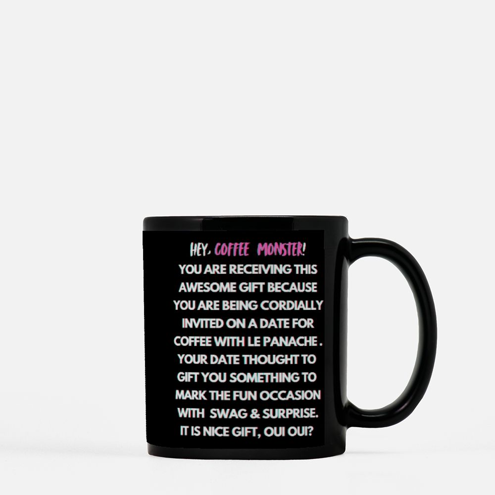 Rizz Monster With Pink Font Black Coffee Mug 11oz - "To rizz, or not to rizz? I will twinkle le stache at you over un cafe, oui oui?"
