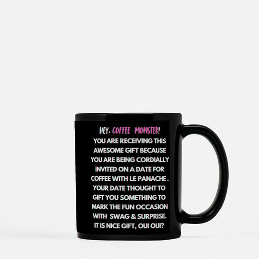 Rizz Monster With Pink Font Black Coffee Mug 11oz - "To rizz, or not to rizz? I will twinkle le stache at you over un cafe, oui oui?"