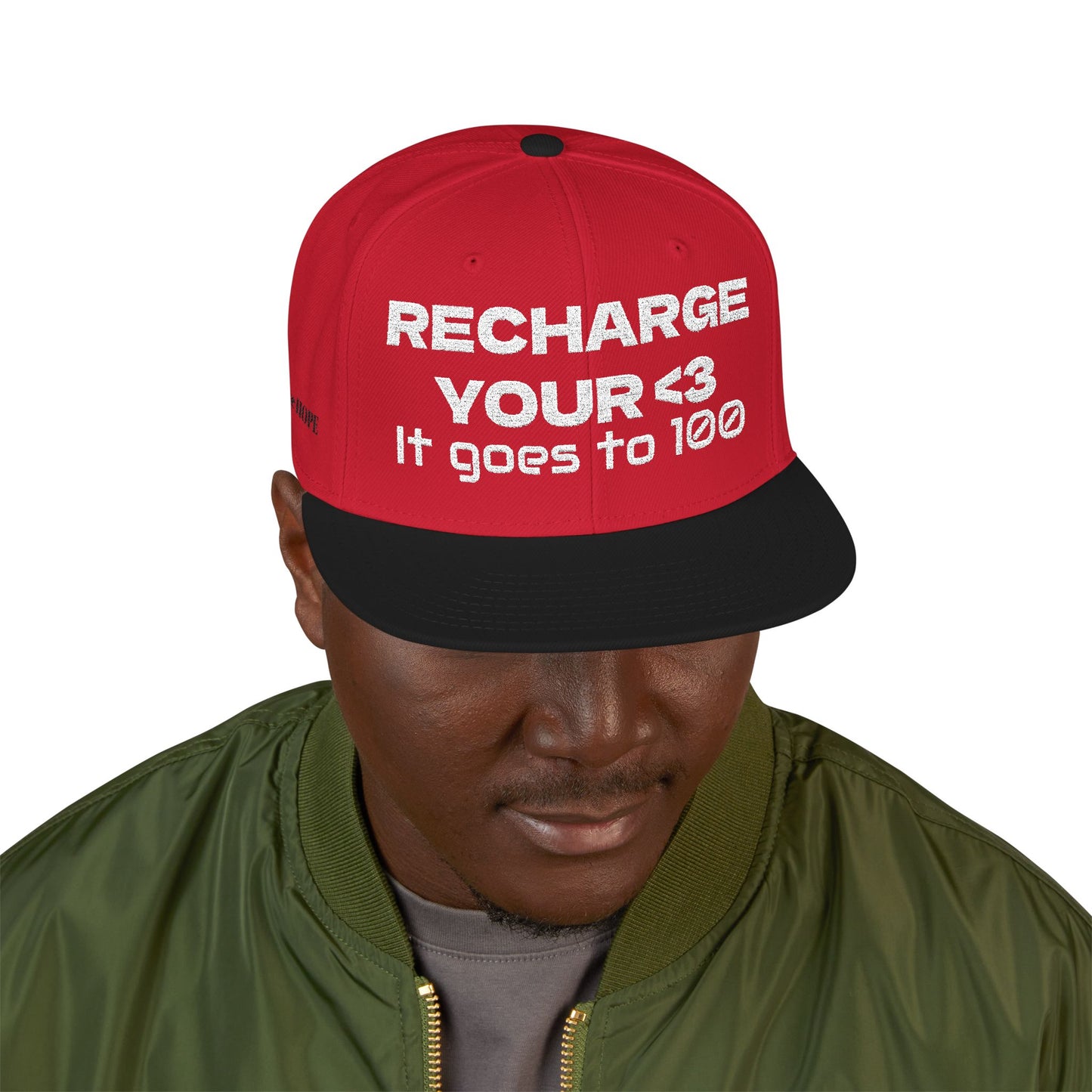 White Font "RECHARGE YOUR <3 It Goes to 100" (Recharge your heart it goes to 100) Snapback Cap, Embroidered Hat, Casual Streetwear, Gift for Him/Her (Many color variants)