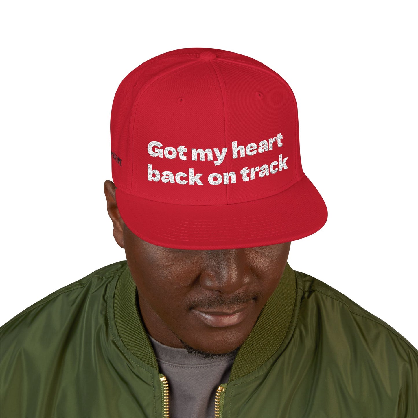 White Font "Got my heart back on track" Snapback Cap, Embroidered Hat, Casual Streetwear, (Many color variants)
