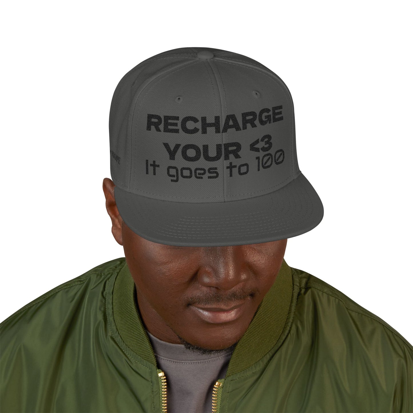 "RECHARGE YOUR <3 It Goes to 100" (Recharge your heart it goes to 100) Snapback Cap, Embroidered Hat, Casual Streetwear, Gift for Him/Her (Many color variants)