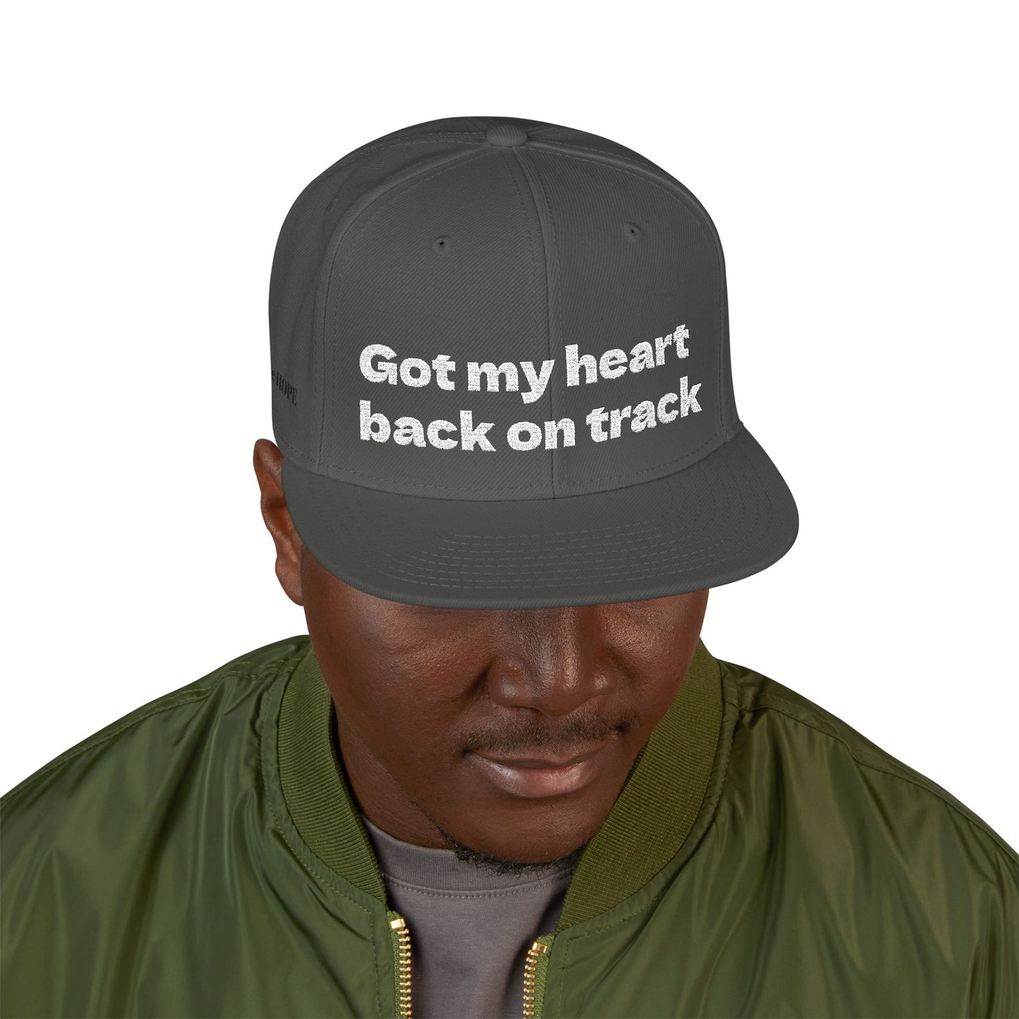 White Font "Got my heart back on track" Snapback Cap, Embroidered Hat, Casual Streetwear, (Many color variants)
