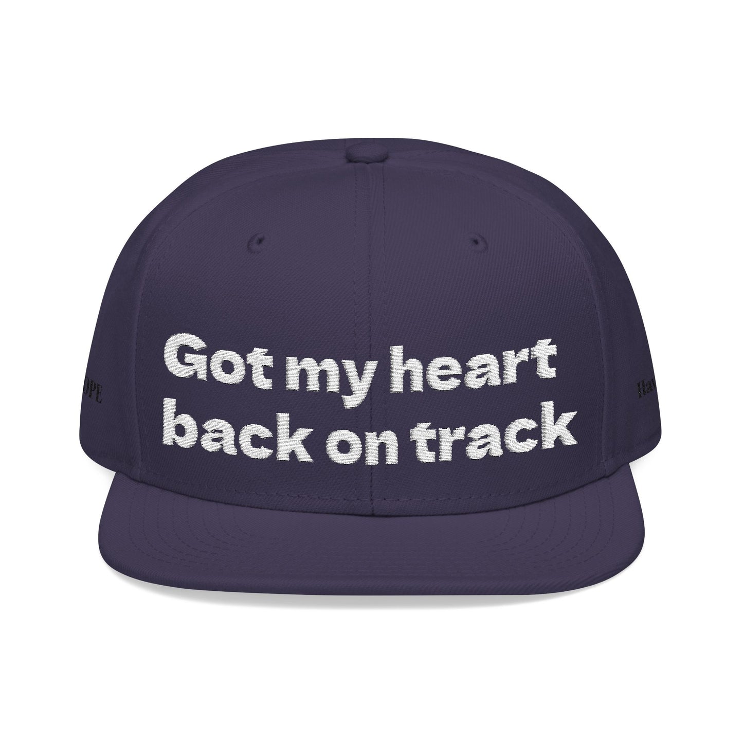 White Font "Got my heart back on track" Snapback Cap, Embroidered Hat, Casual Streetwear, (Many color variants)