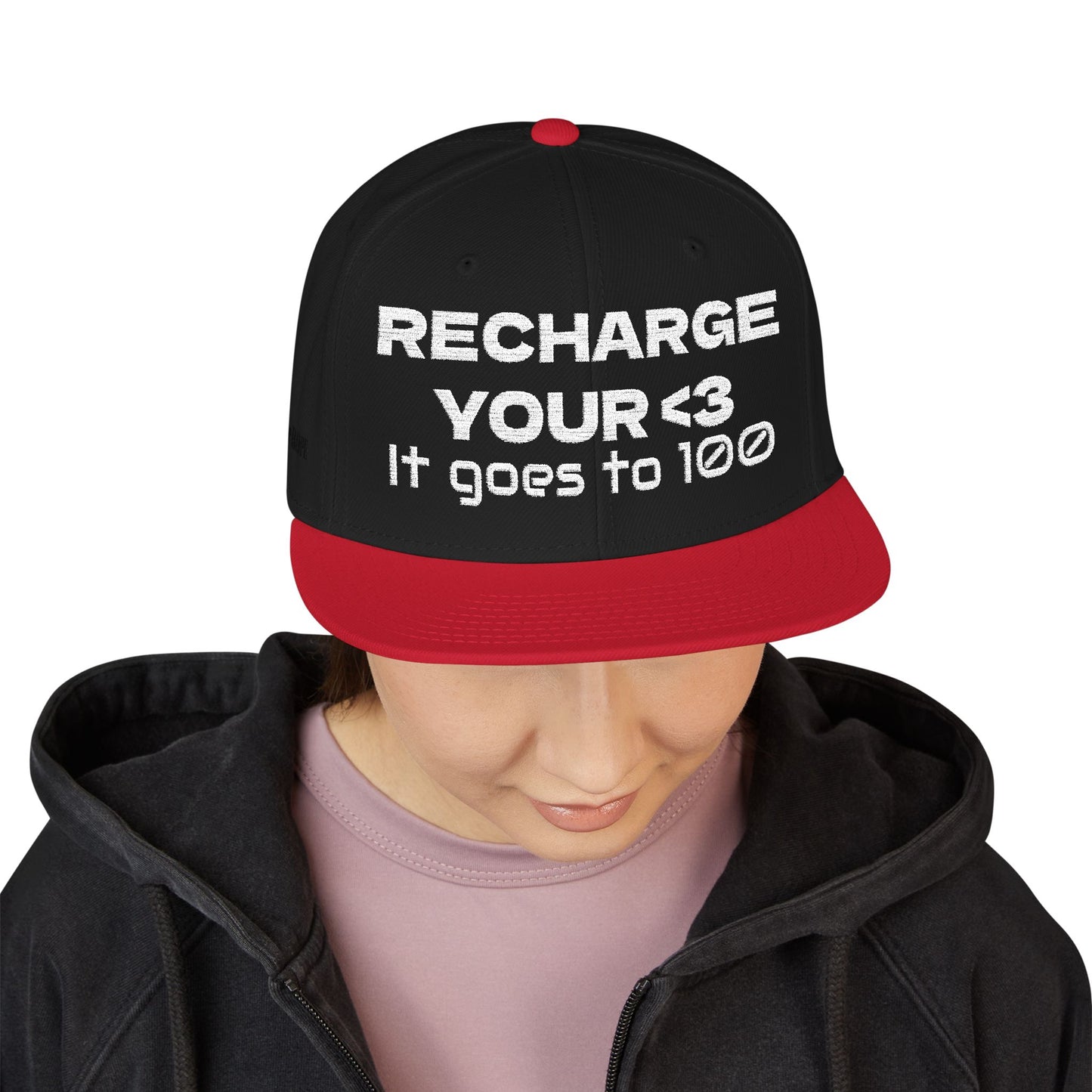 White Font "RECHARGE YOUR <3 It Goes to 100" (Recharge your heart it goes to 100) Snapback Cap, Embroidered Hat, Casual Streetwear, Gift for Him/Her (Many color variants)