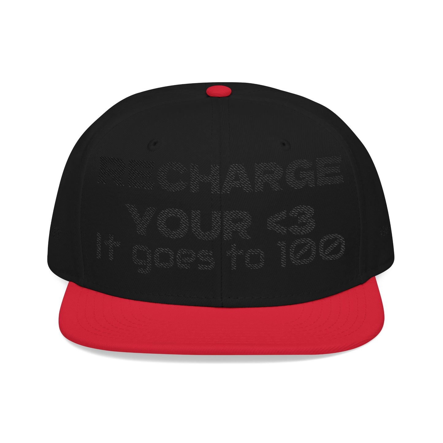"RECHARGE YOUR <3 It Goes to 100" (Recharge your heart it goes to 100) Snapback Cap, Embroidered Hat, Casual Streetwear, Gift for Him/Her (Many color variants)