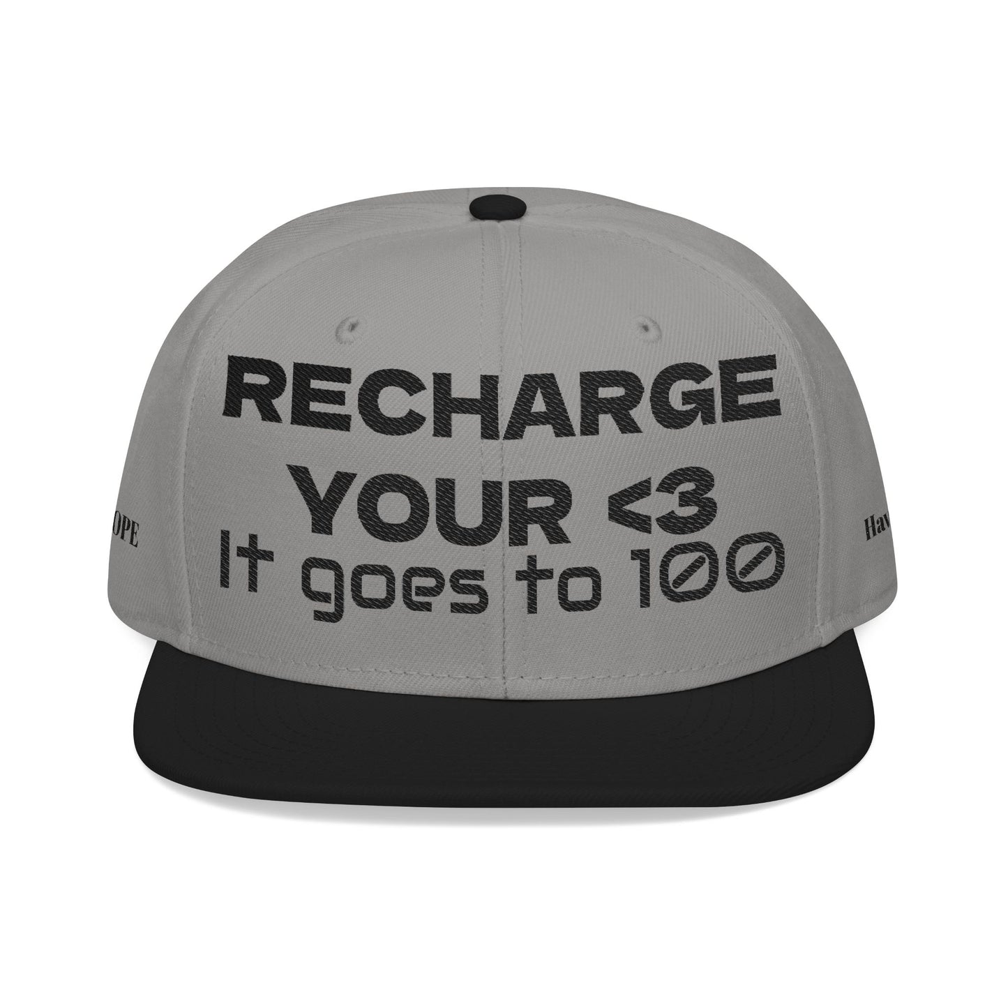 "RECHARGE YOUR <3 It Goes to 100" (Recharge your heart it goes to 100) Snapback Cap, Embroidered Hat, Casual Streetwear, Gift for Him/Her (Many color variants)