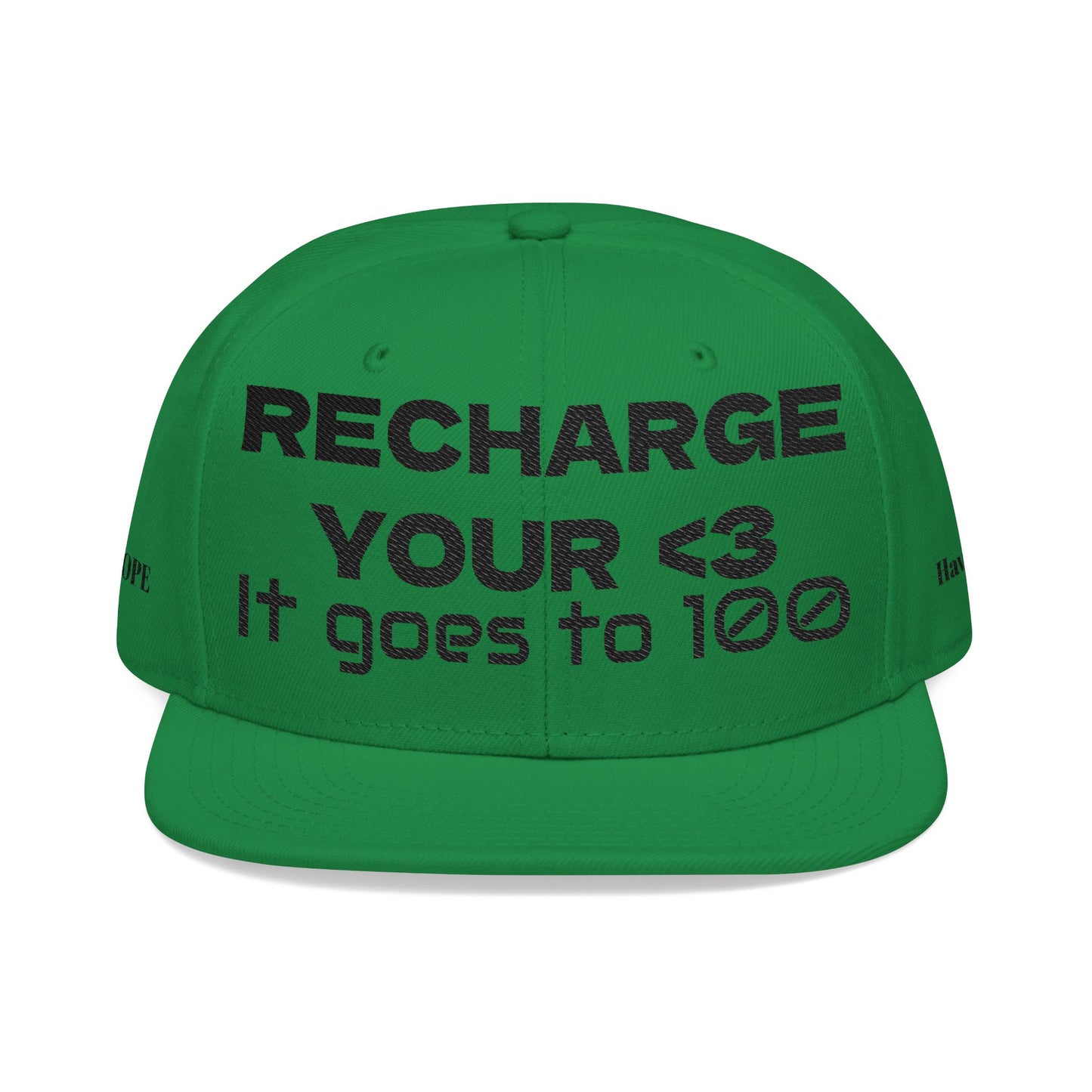 "RECHARGE YOUR <3 It Goes to 100" (Recharge your heart it goes to 100) Snapback Cap, Embroidered Hat, Casual Streetwear, Gift for Him/Her (Many color variants)
