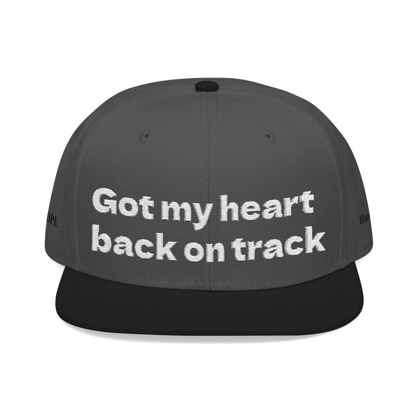 White Font "Got my heart back on track" Snapback Cap, Embroidered Hat, Casual Streetwear, (Many color variants)