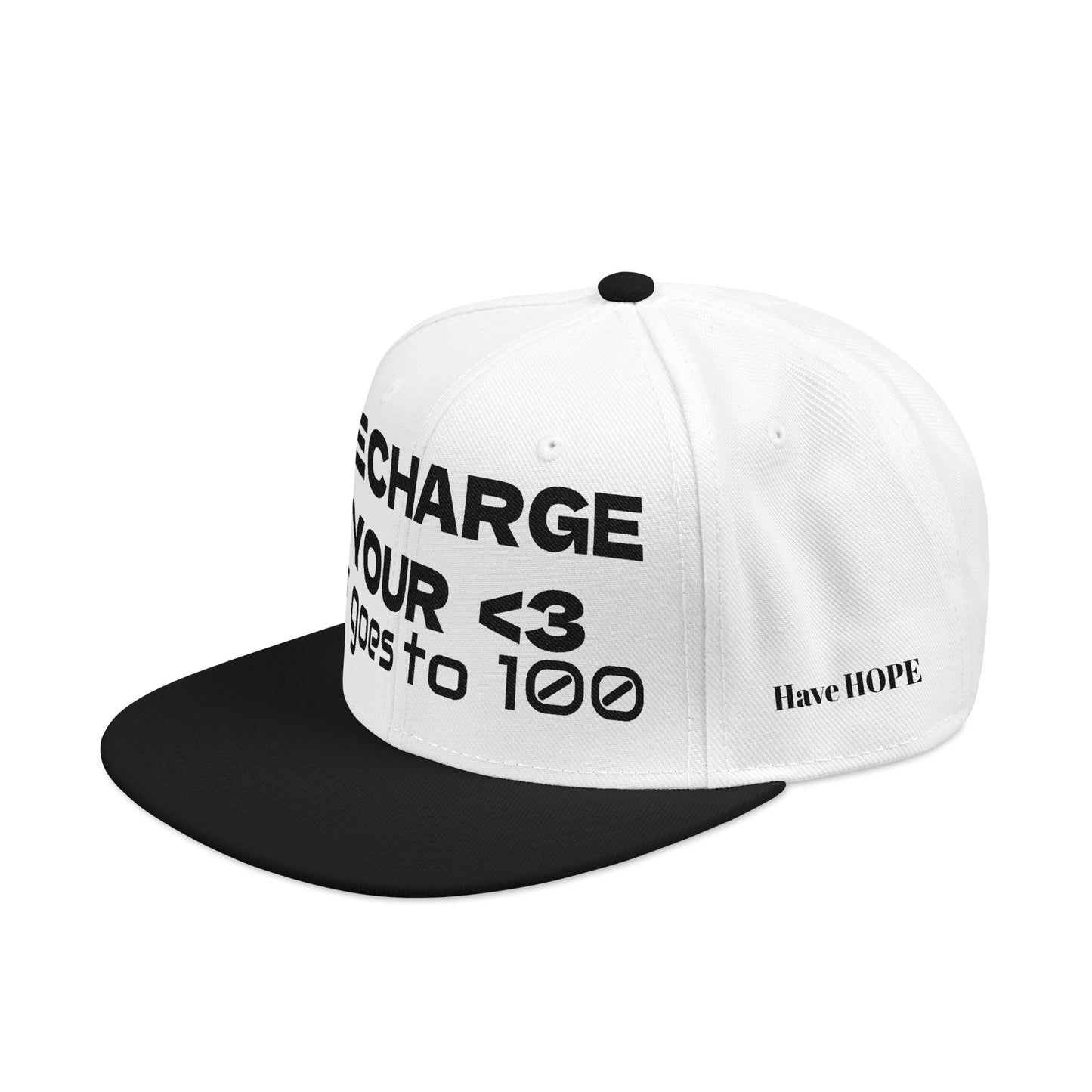 "RECHARGE YOUR <3 It Goes to 100" (Recharge your heart it goes to 100) Snapback Cap, Embroidered Hat, Casual Streetwear, Gift for Him/Her (Many color variants)