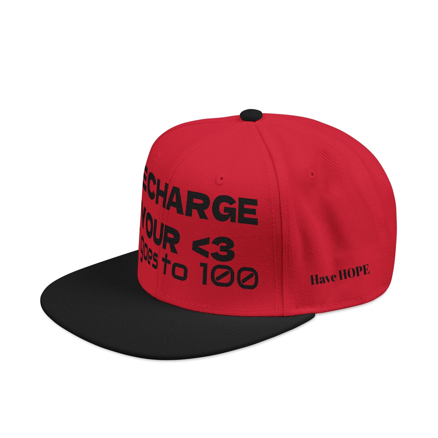 "RECHARGE YOUR <3 It Goes to 100" (Recharge your heart it goes to 100) Snapback Cap, Embroidered Hat, Casual Streetwear, Gift for Him/Her (Many color variants)