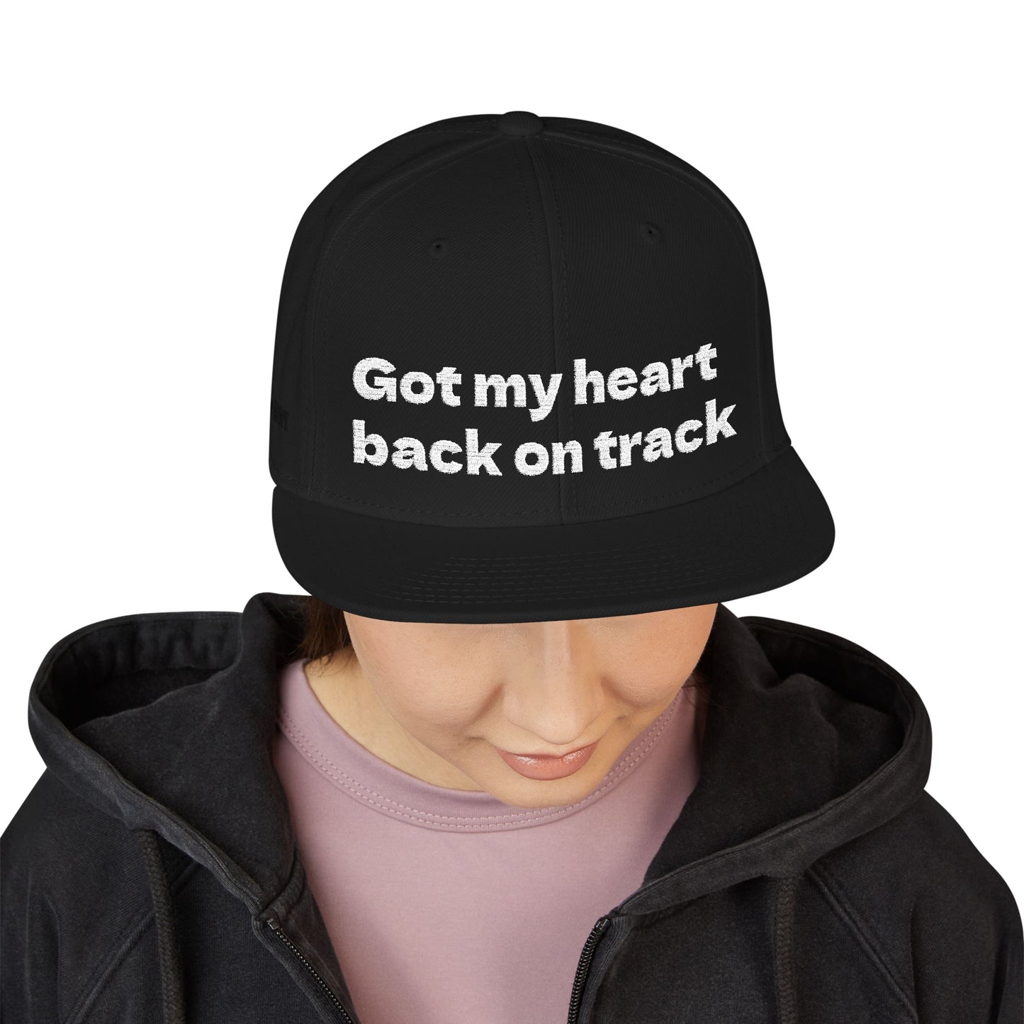 White Font "Got my heart back on track" Snapback Cap, Embroidered Hat, Casual Streetwear, (Many color variants)