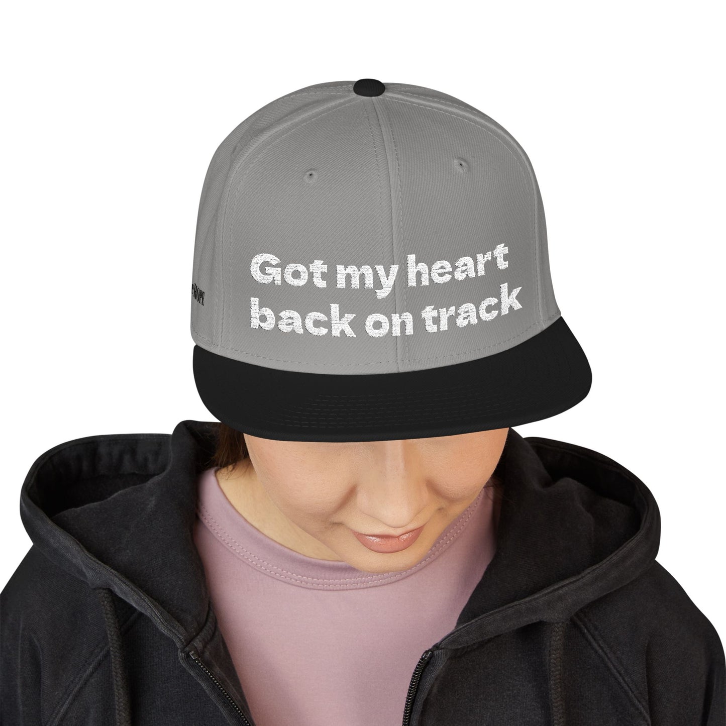 White Font "Got my heart back on track" Snapback Cap, Embroidered Hat, Casual Streetwear, (Many color variants)