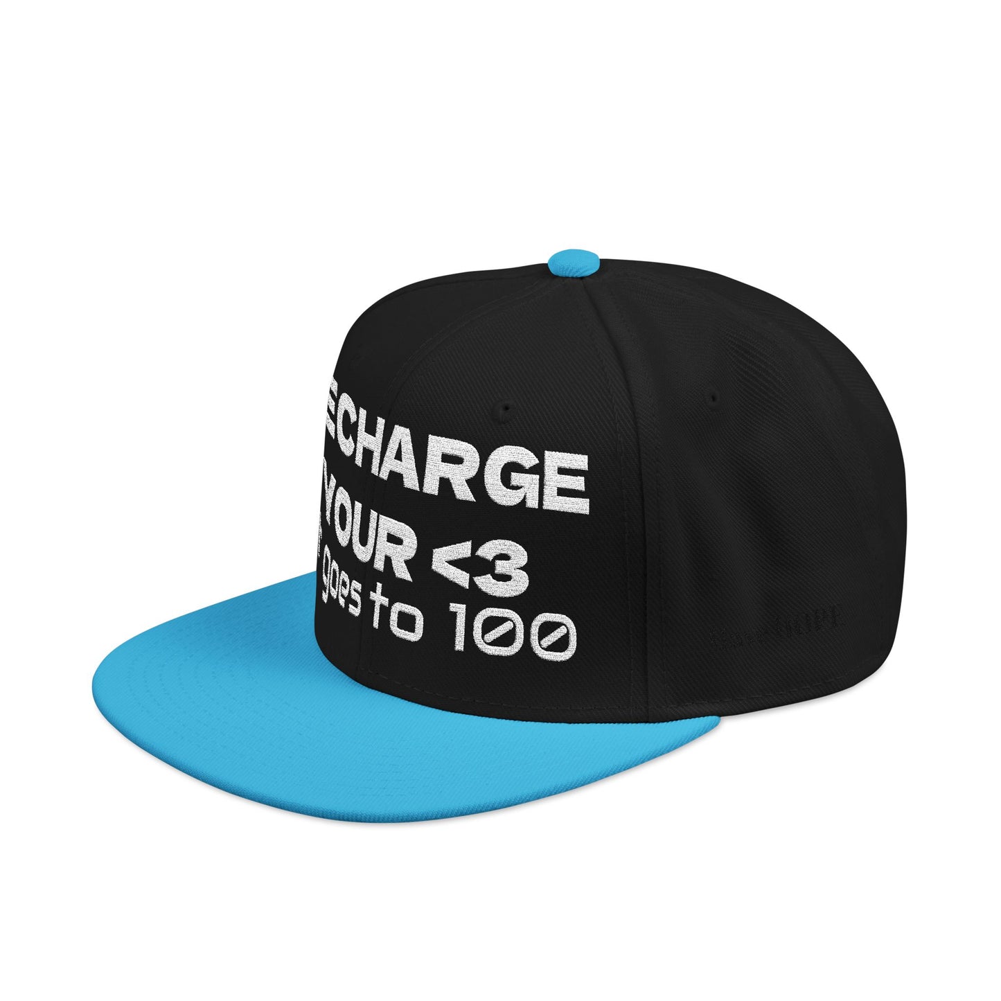 White Font "RECHARGE YOUR <3 It Goes to 100" (Recharge your heart it goes to 100) Snapback Cap, Embroidered Hat, Casual Streetwear, Gift for Him/Her (Many color variants)