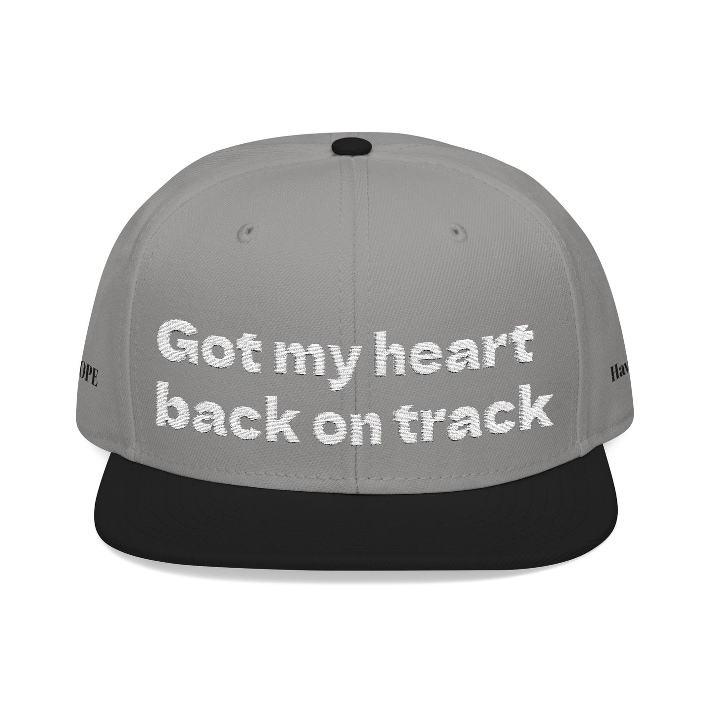 White Font "Got my heart back on track" Snapback Cap, Embroidered Hat, Casual Streetwear, (Many color variants)