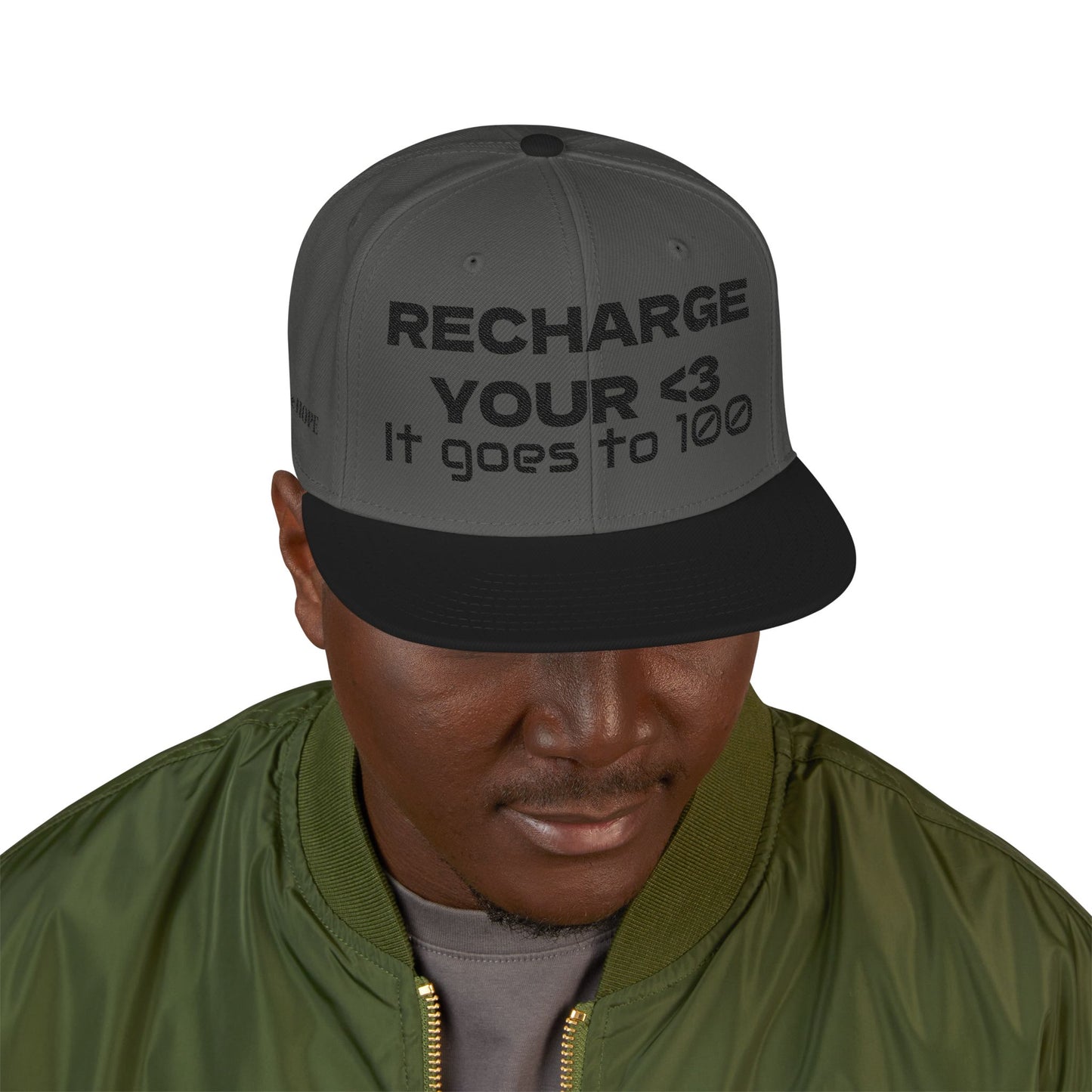 "RECHARGE YOUR <3 It Goes to 100" (Recharge your heart it goes to 100) Snapback Cap, Embroidered Hat, Casual Streetwear, Gift for Him/Her (Many color variants)