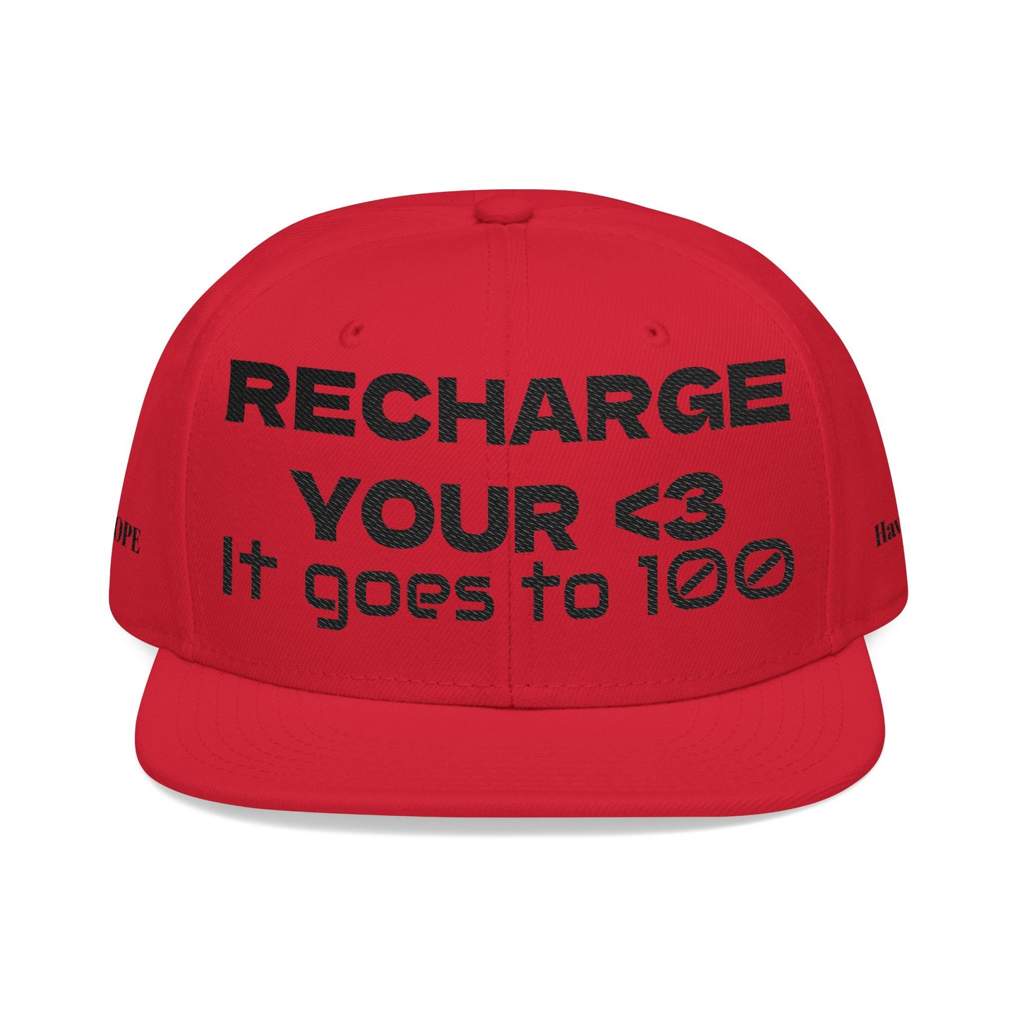 "RECHARGE YOUR <3 It Goes to 100" (Recharge your heart it goes to 100) Snapback Cap, Embroidered Hat, Casual Streetwear, Gift for Him/Her (Many color variants)