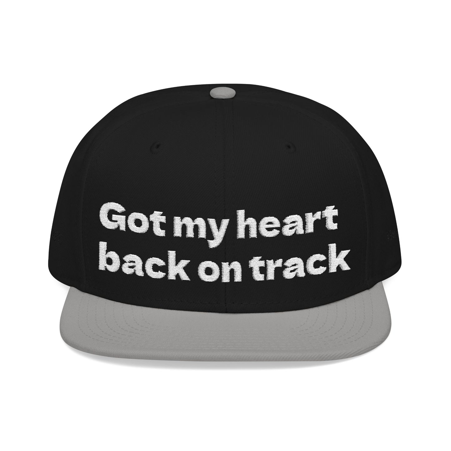 White Font "Got my heart back on track" Snapback Cap, Embroidered Hat, Casual Streetwear, (Many color variants)