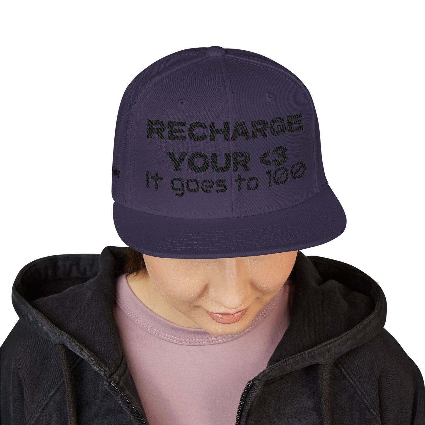 "RECHARGE YOUR <3 It Goes to 100" (Recharge your heart it goes to 100) Snapback Cap, Embroidered Hat, Casual Streetwear, Gift for Him/Her (Many color variants)