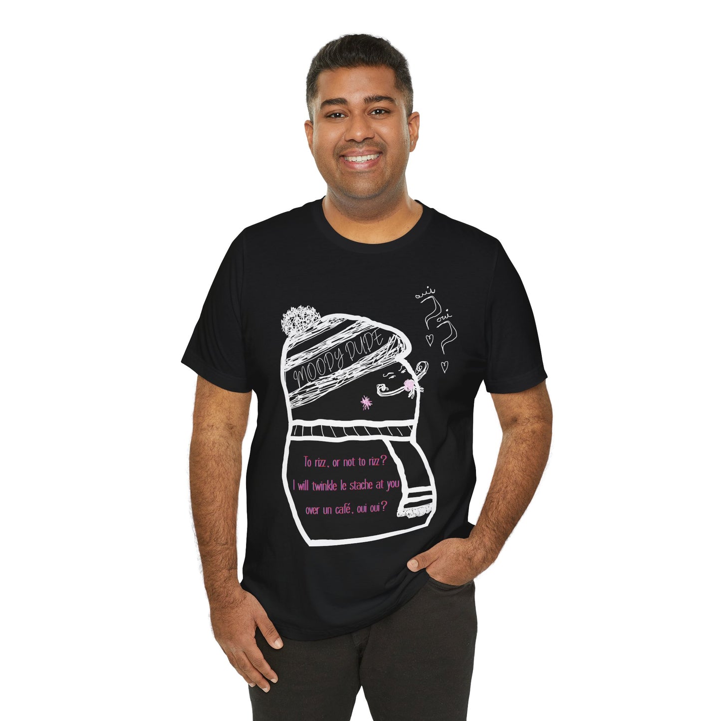 Red Font  "I will twinkle le stache at you over un cafe, oui oui?" -Rizz ( Coffee ) Monster Unisex Jersey Short Sleeve Tee