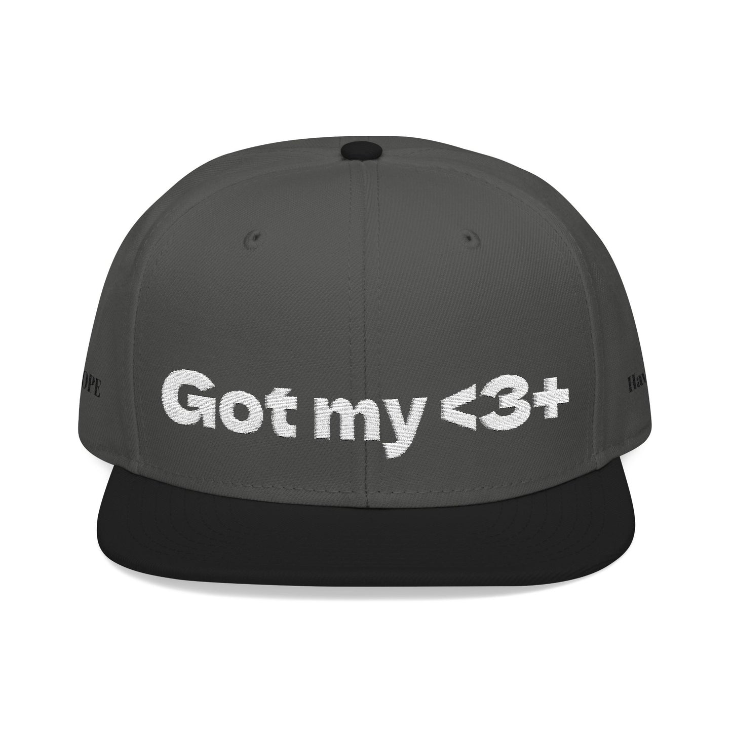 White Font "Got My <3 +" (Got My Heart Positive) Snapback Cap, Embroidered Hat, Casual Streetwear, Gift for Him/Her, (Many color variants)