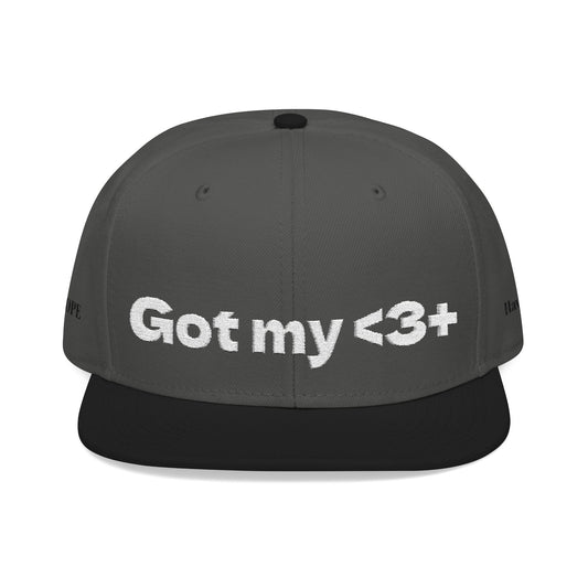 White Font "Got My <3 +" (Got My Heart Positive) Snapback Cap, Embroidered Hat, Casual Streetwear, Gift for Him/Her, (Many color variants)