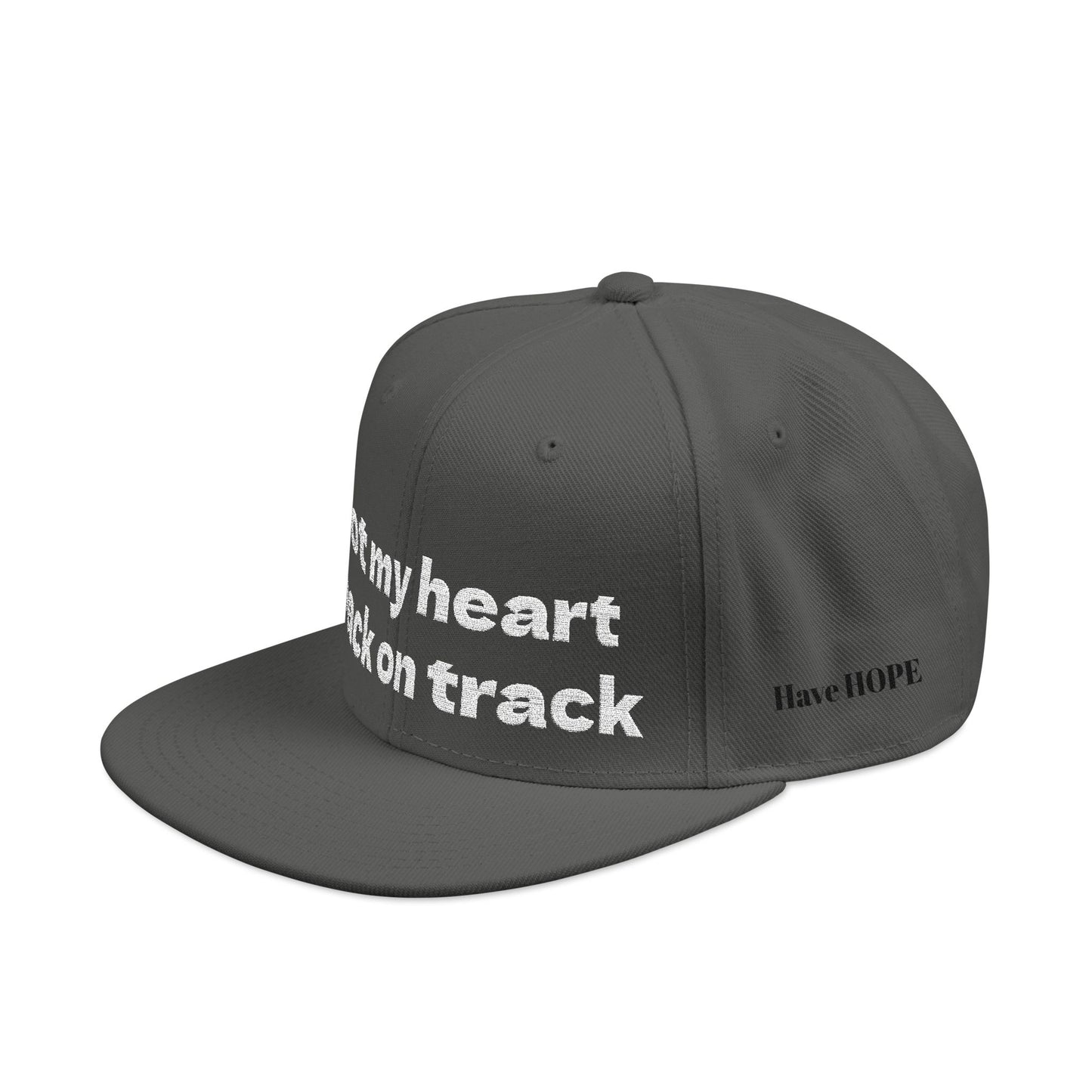 White Font "Got my heart back on track" Snapback Cap, Embroidered Hat, Casual Streetwear, (Many color variants)