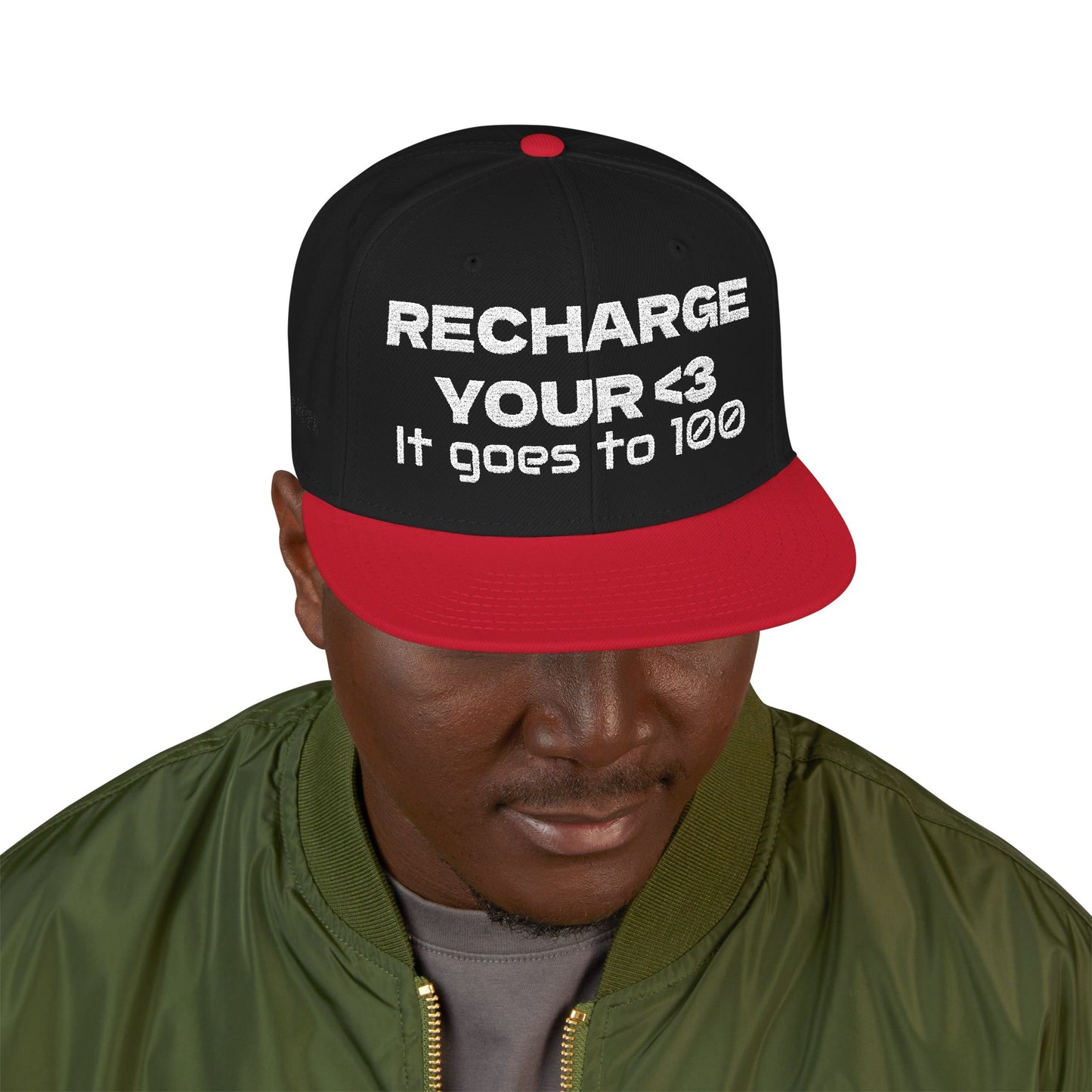 White Font "RECHARGE YOUR <3 It Goes to 100" (Recharge your heart it goes to 100) Snapback Cap, Embroidered Hat, Casual Streetwear, Gift for Him/Her (Many color variants)