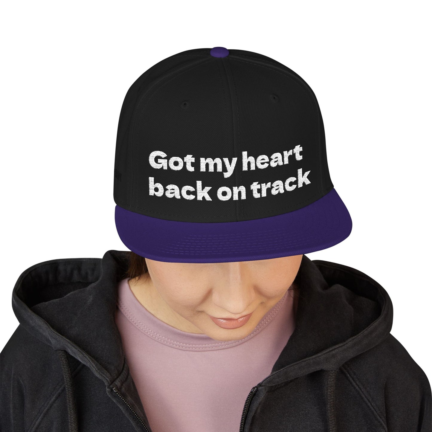 White Font "Got my heart back on track" Snapback Cap, Embroidered Hat, Casual Streetwear, (Many color variants)