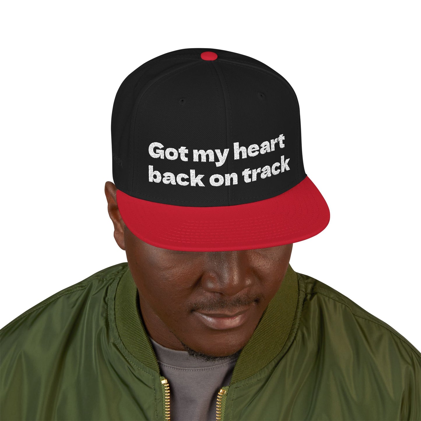 White Font "Got my heart back on track" Snapback Cap, Embroidered Hat, Casual Streetwear, (Many color variants)