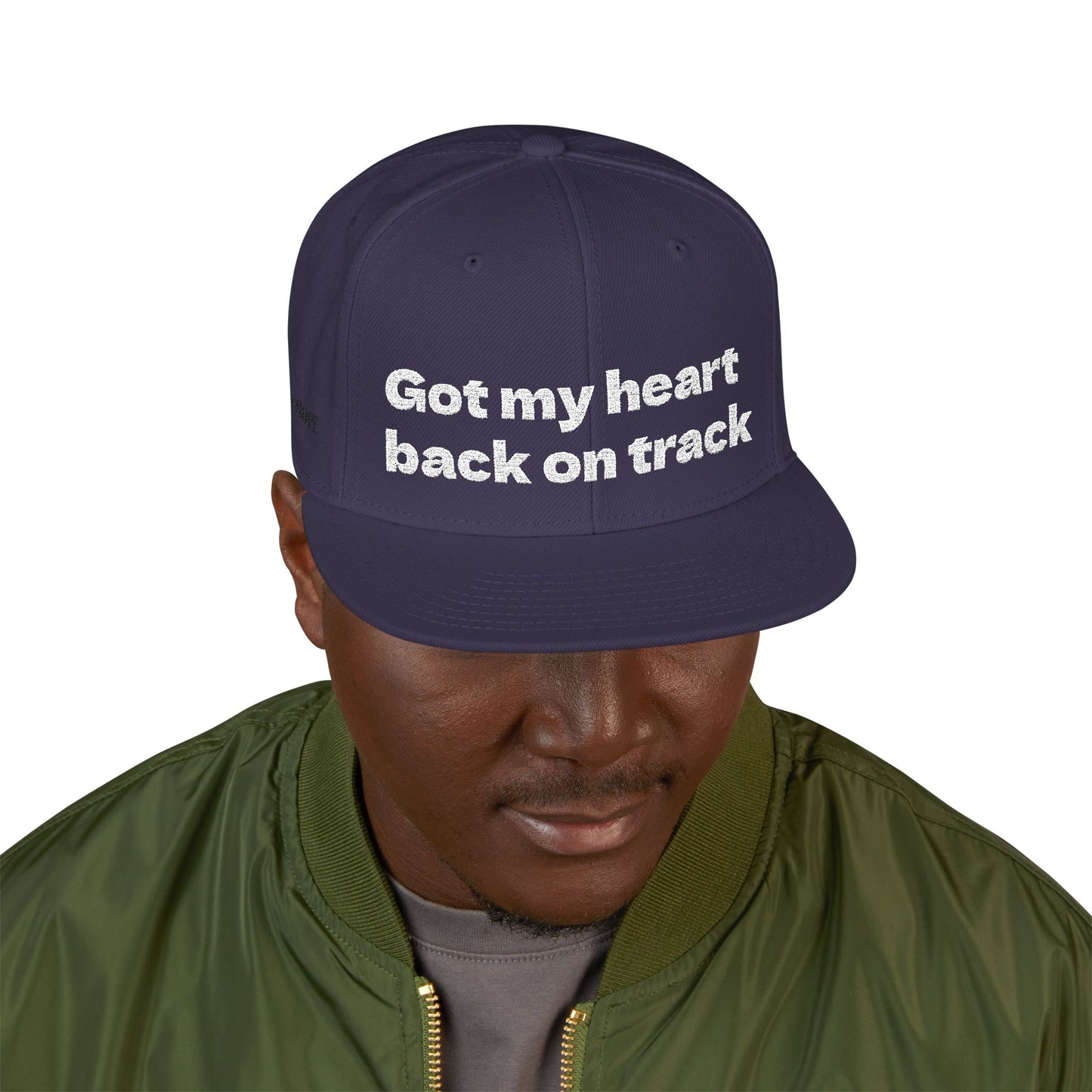 White Font "Got my heart back on track" Snapback Cap, Embroidered Hat, Casual Streetwear, (Many color variants)