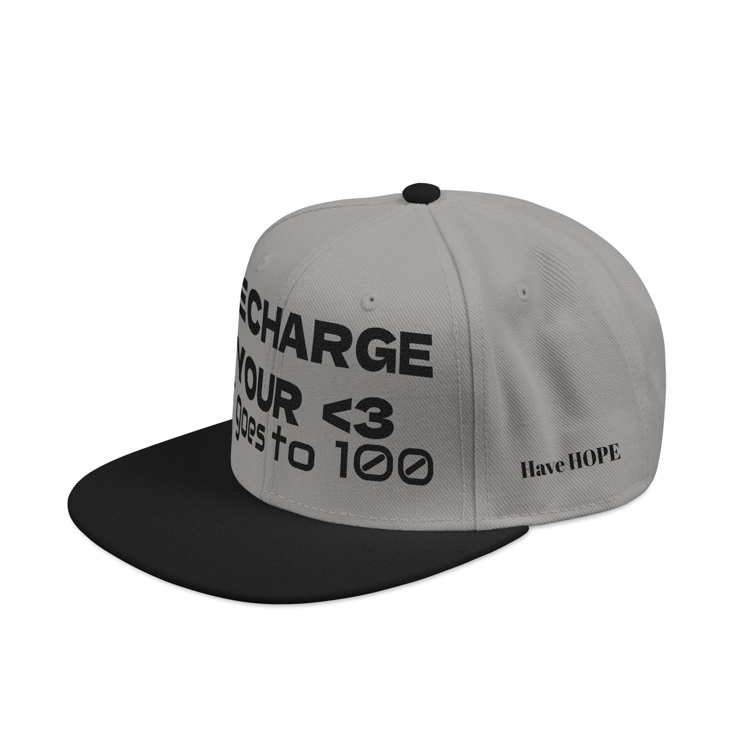 "RECHARGE YOUR <3 It Goes to 100" (Recharge your heart it goes to 100) Snapback Cap, Embroidered Hat, Casual Streetwear, Gift for Him/Her (Many color variants)