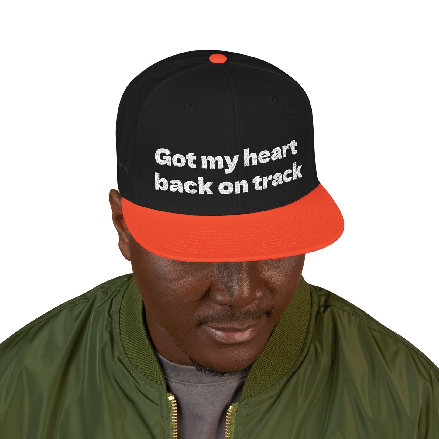 White Font "Got my heart back on track" Snapback Cap, Embroidered Hat, Casual Streetwear, (Many color variants)