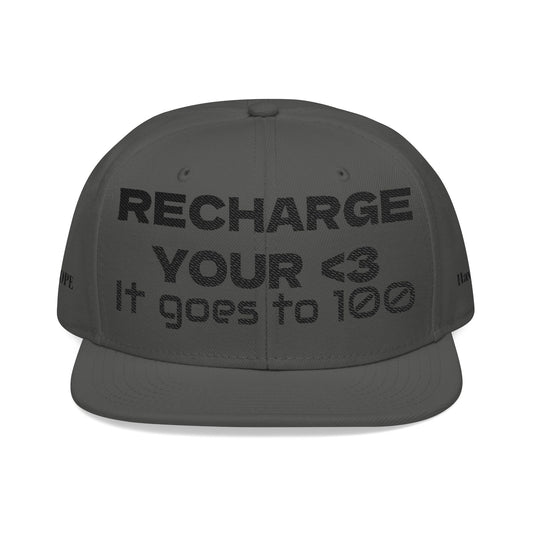 "RECHARGE YOUR <3 It Goes to 100" (Recharge your heart it goes to 100) Snapback Cap, Embroidered Hat, Casual Streetwear, Gift for Him/Her (Many color variants)