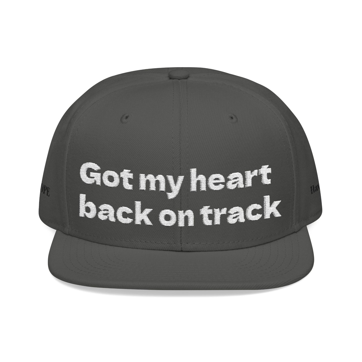 White Font "Got my heart back on track" Snapback Cap, Embroidered Hat, Casual Streetwear, (Many color variants)