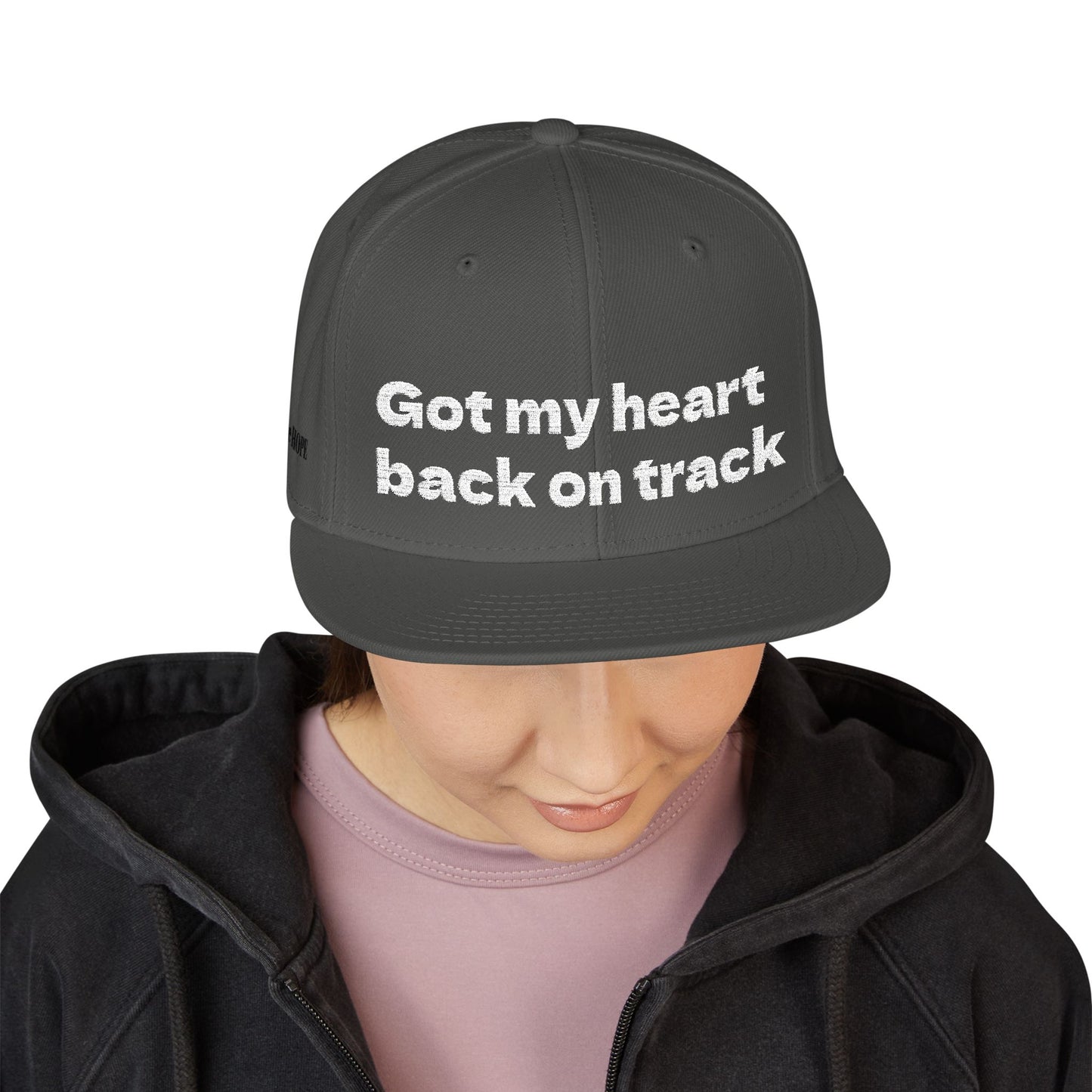 White Font "Got my heart back on track" Snapback Cap, Embroidered Hat, Casual Streetwear, (Many color variants)
