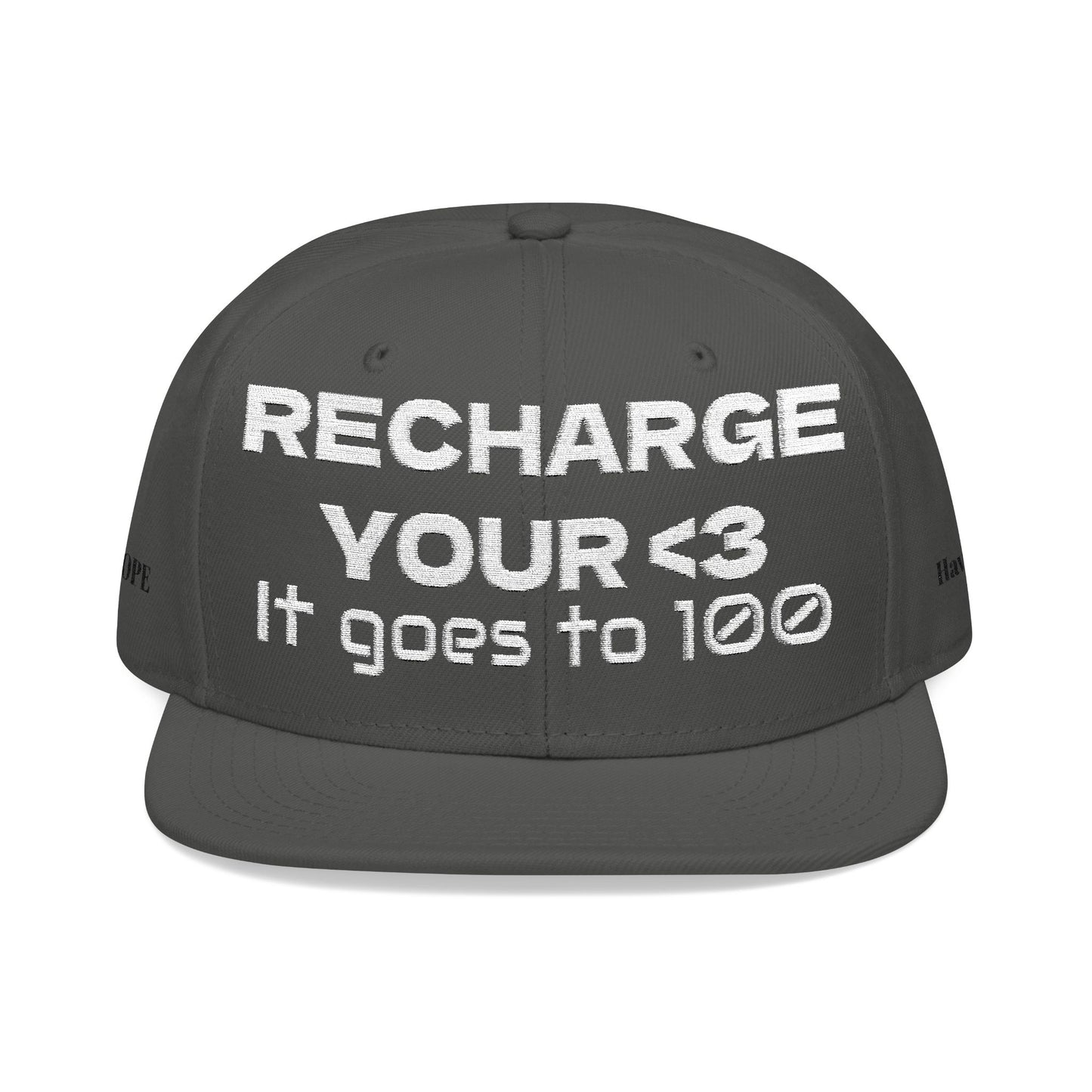 White Font "RECHARGE YOUR <3 It Goes to 100" (Recharge your heart it goes to 100) Snapback Cap, Embroidered Hat, Casual Streetwear, Gift for Him/Her (Many color variants)