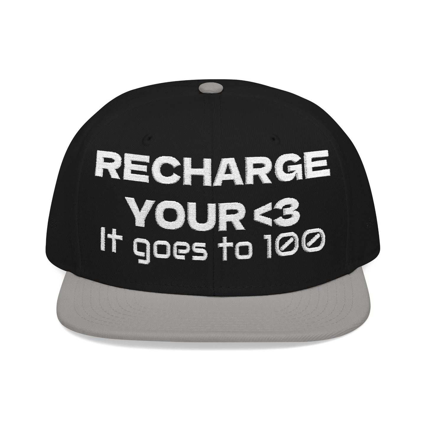 White Font "RECHARGE YOUR <3 It Goes to 100" (Recharge your heart it goes to 100) Snapback Cap, Embroidered Hat, Casual Streetwear, Gift for Him/Her (Many color variants)