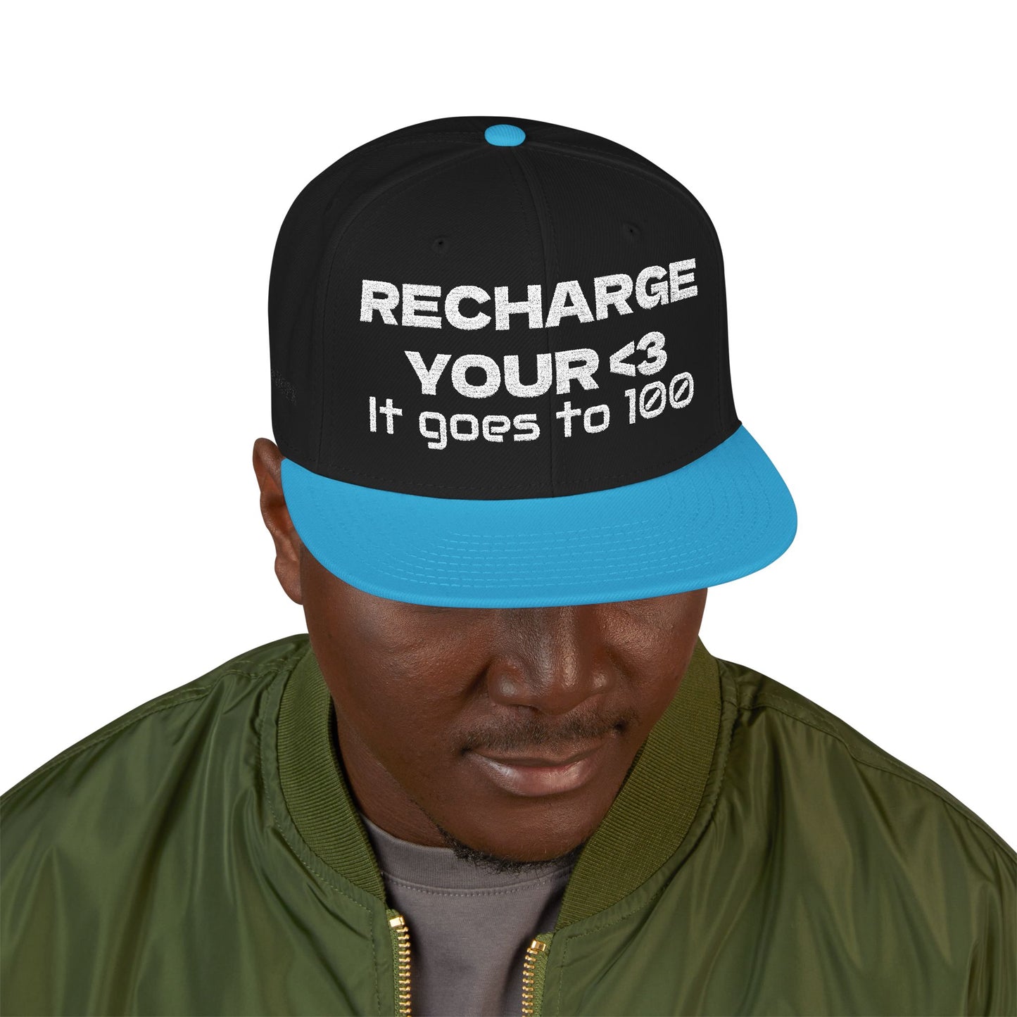 White Font "RECHARGE YOUR <3 It Goes to 100" (Recharge your heart it goes to 100) Snapback Cap, Embroidered Hat, Casual Streetwear, Gift for Him/Her (Many color variants)