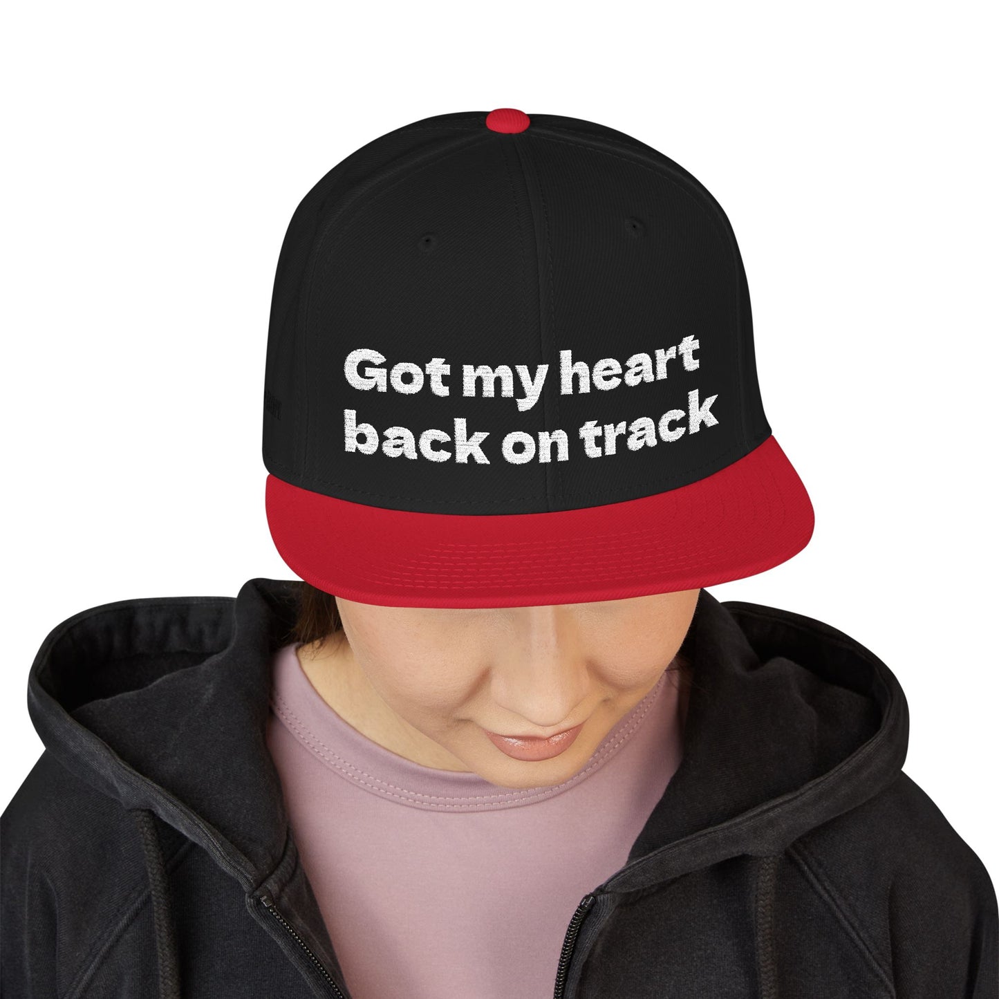 White Font "Got my heart back on track" Snapback Cap, Embroidered Hat, Casual Streetwear, (Many color variants)