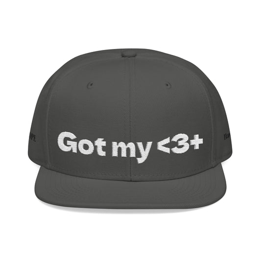 White Font "Got My <3 +" (Got My Heart Positive) Snapback Cap, Embroidered Hat, Casual Streetwear, Gift for Him/Her, (Many color variants)