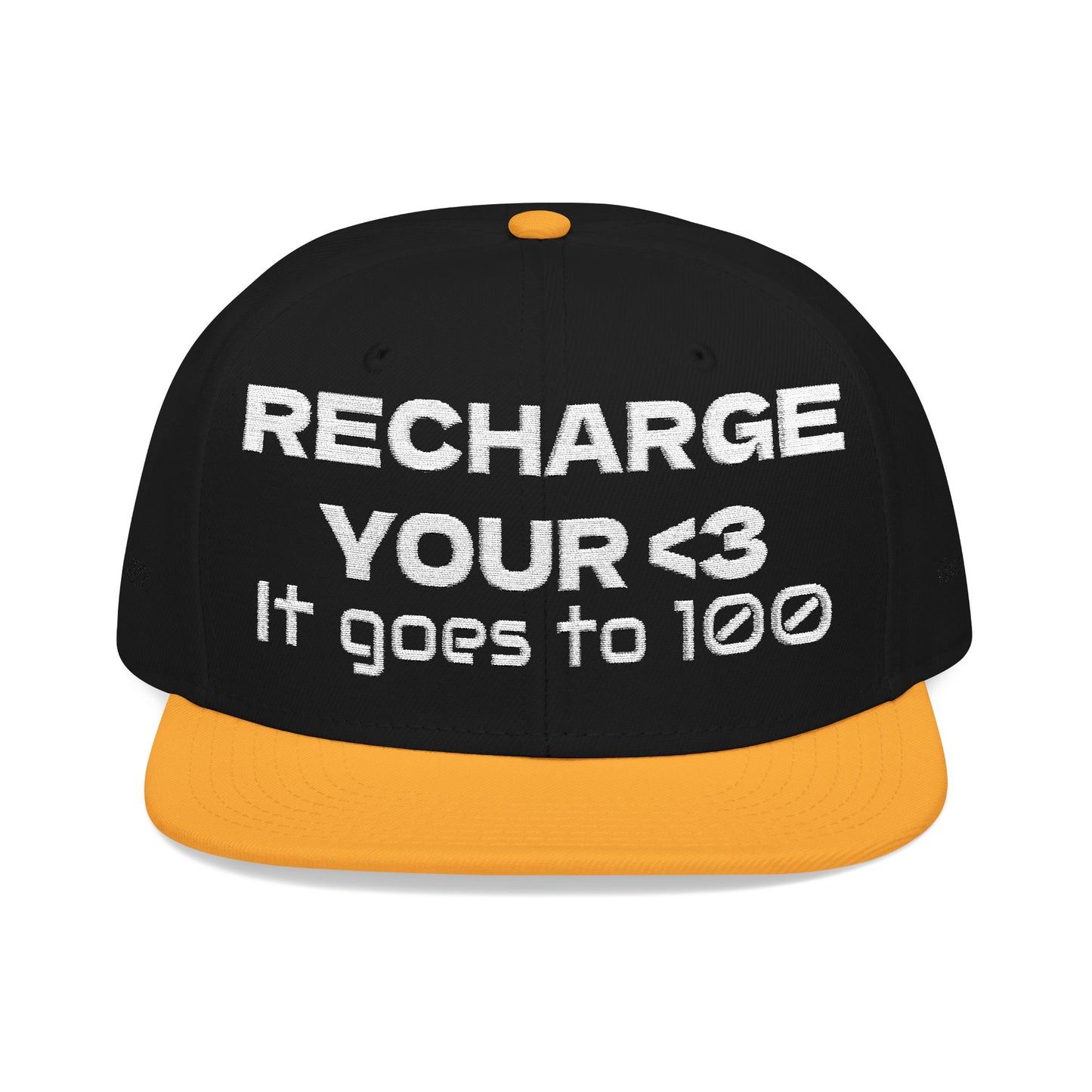 White Font "RECHARGE YOUR <3 It Goes to 100" (Recharge your heart it goes to 100) Snapback Cap, Embroidered Hat, Casual Streetwear, Gift for Him/Her (Many color variants)