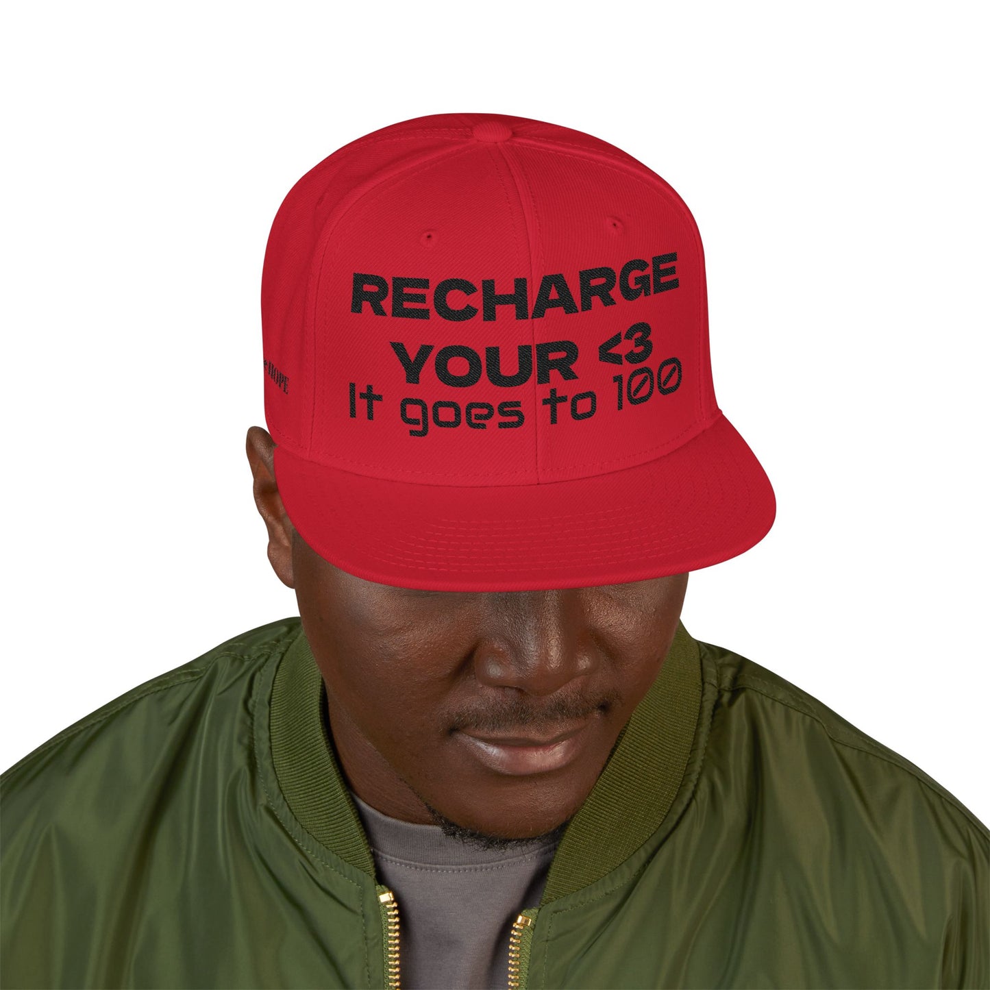 "RECHARGE YOUR <3 It Goes to 100" (Recharge your heart it goes to 100) Snapback Cap, Embroidered Hat, Casual Streetwear, Gift for Him/Her (Many color variants)