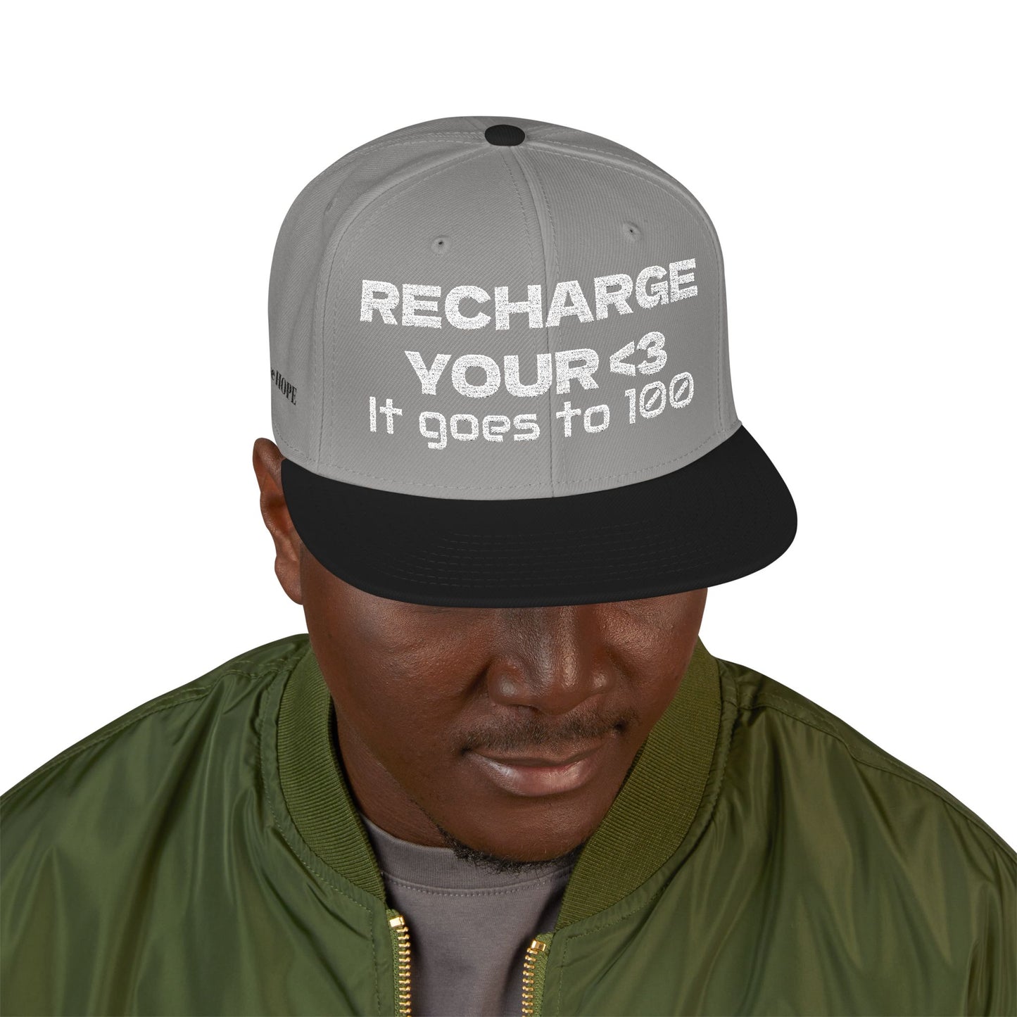White Font "RECHARGE YOUR <3 It Goes to 100" (Recharge your heart it goes to 100) Snapback Cap, Embroidered Hat, Casual Streetwear, Gift for Him/Her (Many color variants)