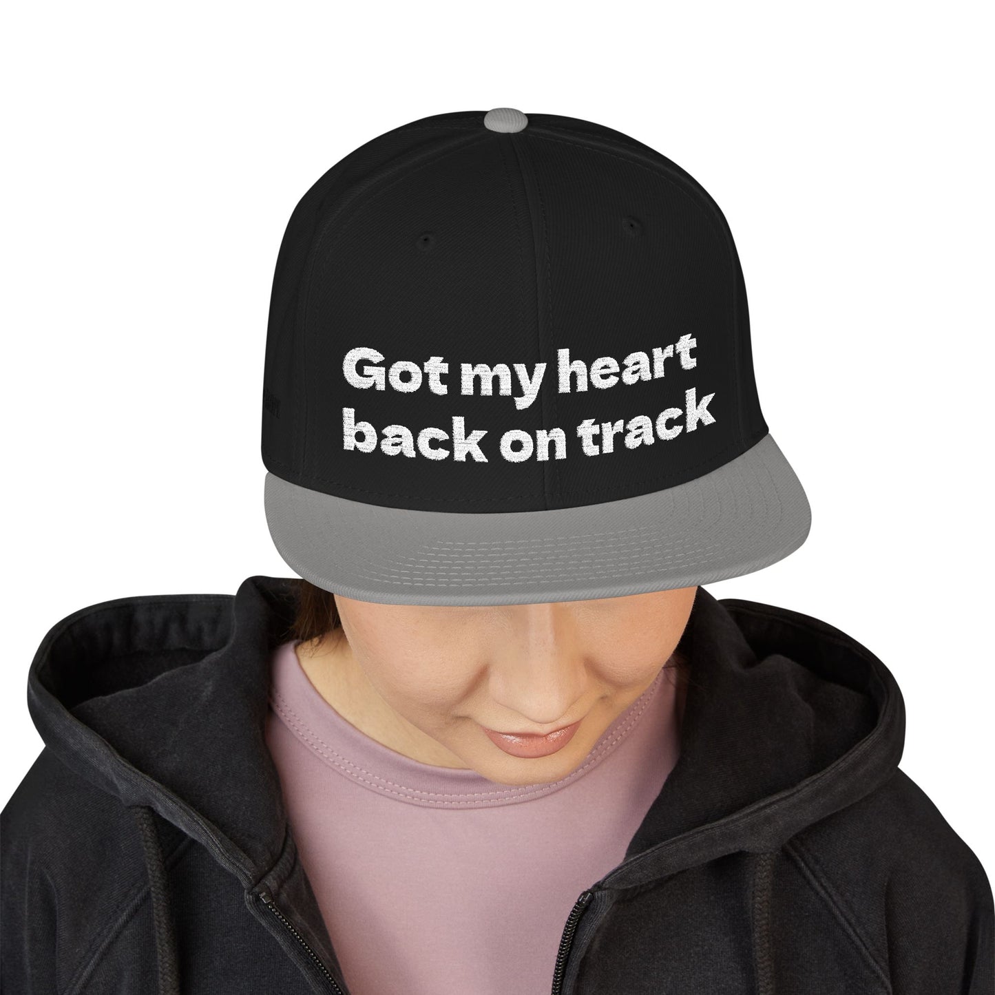 White Font "Got my heart back on track" Snapback Cap, Embroidered Hat, Casual Streetwear, (Many color variants)