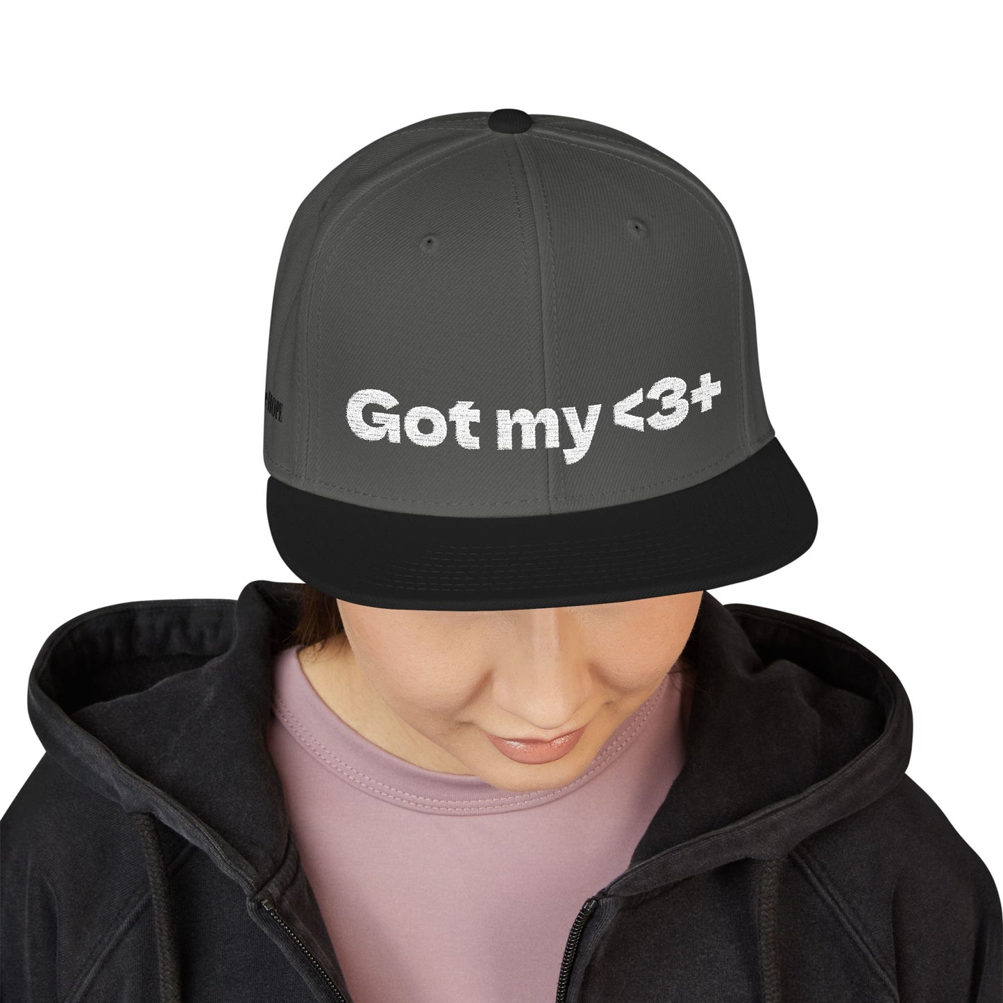 White Font "Got My <3 +" (Got My Heart Positive) Snapback Cap, Embroidered Hat, Casual Streetwear, Gift for Him/Her, (Many color variants)