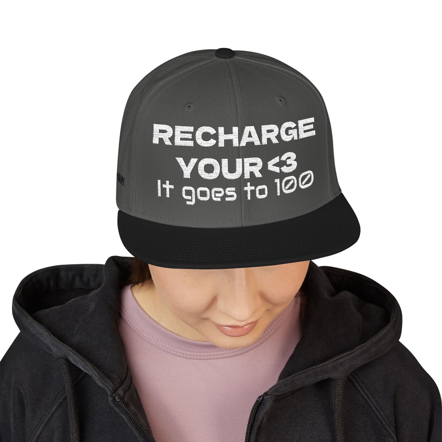 White Font "RECHARGE YOUR <3 It Goes to 100" (Recharge your heart it goes to 100) Snapback Cap, Embroidered Hat, Casual Streetwear, Gift for Him/Her (Many color variants)