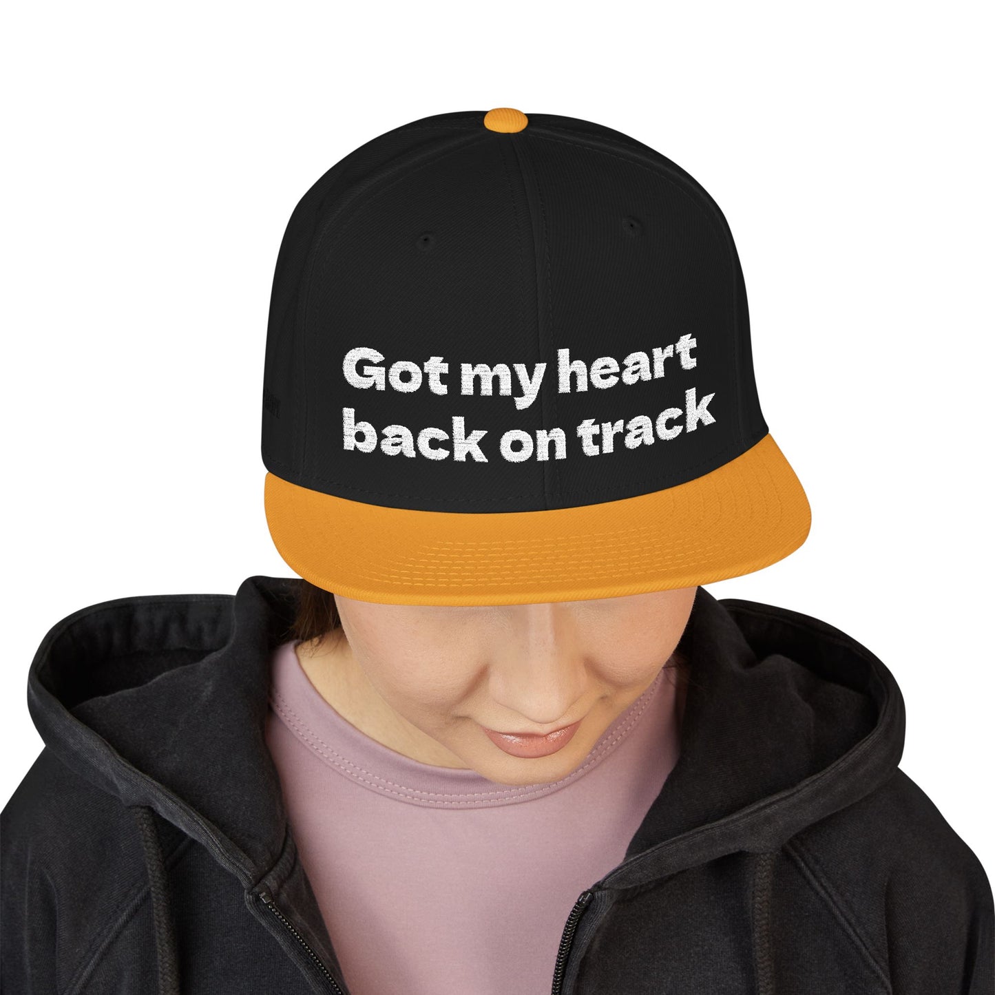 White Font "Got my heart back on track" Snapback Cap, Embroidered Hat, Casual Streetwear, (Many color variants)