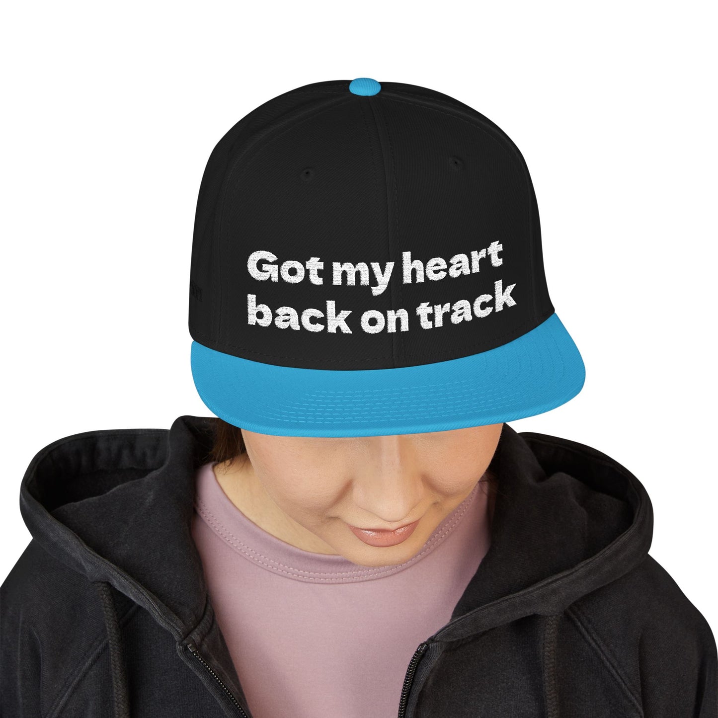 White Font "Got my heart back on track" Snapback Cap, Embroidered Hat, Casual Streetwear, (Many color variants)