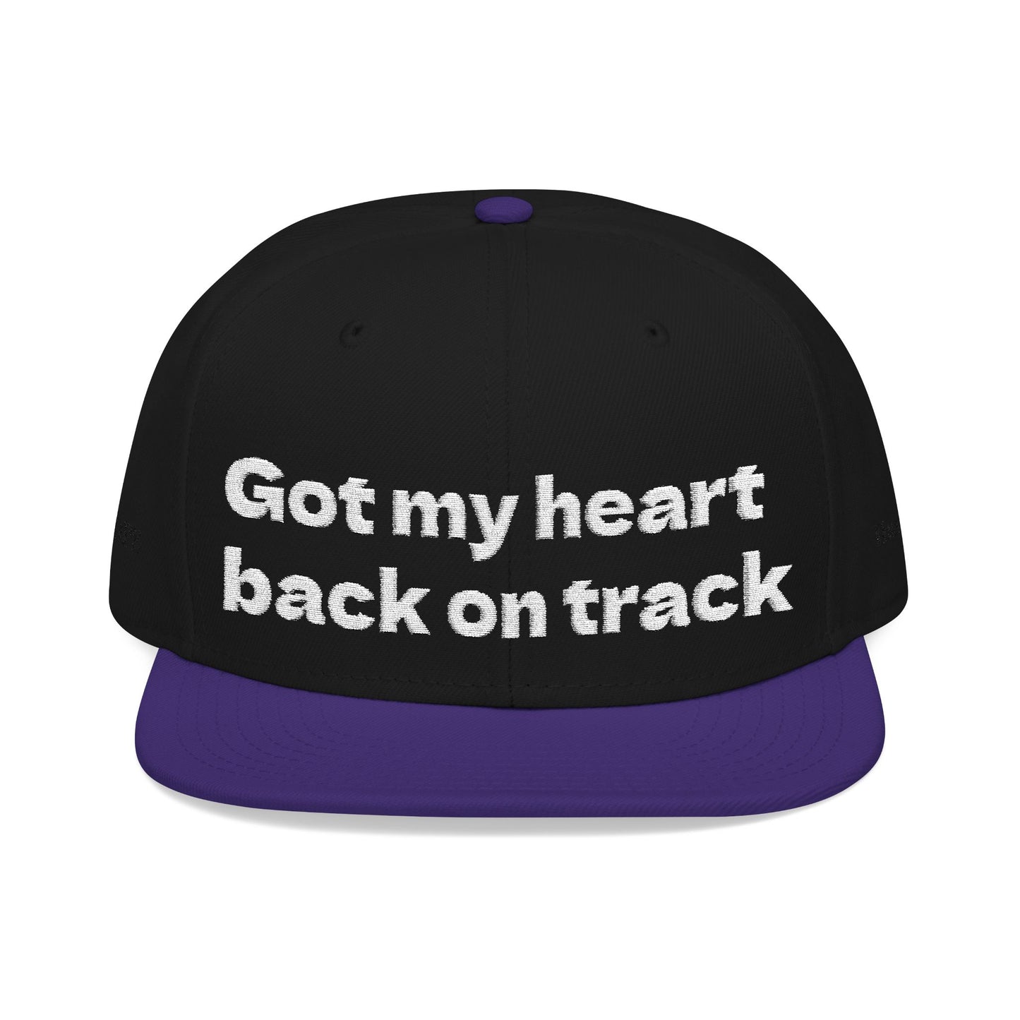 White Font "Got my heart back on track" Snapback Cap, Embroidered Hat, Casual Streetwear, (Many color variants)