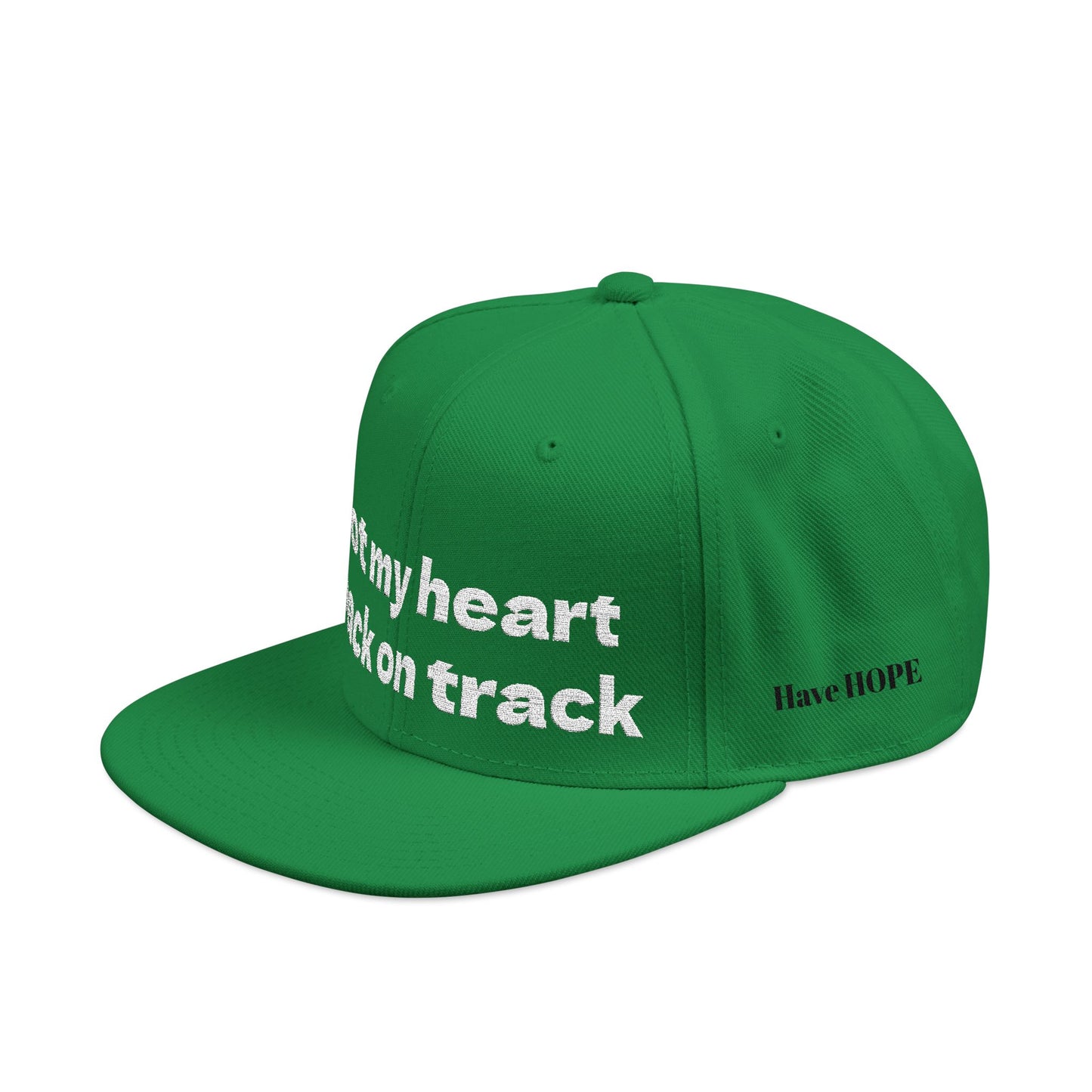 White Font "Got my heart back on track" Snapback Cap, Embroidered Hat, Casual Streetwear, (Many color variants)